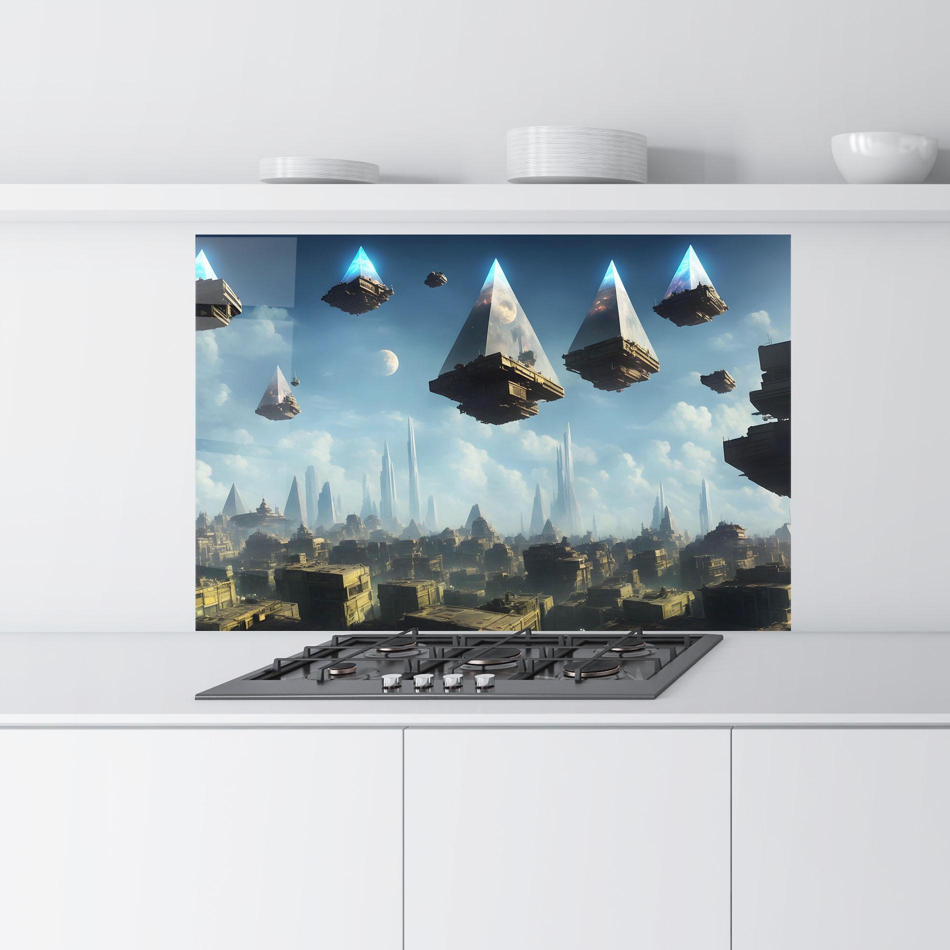 Küchenrückwand Glas Flying Piramids mockup 9