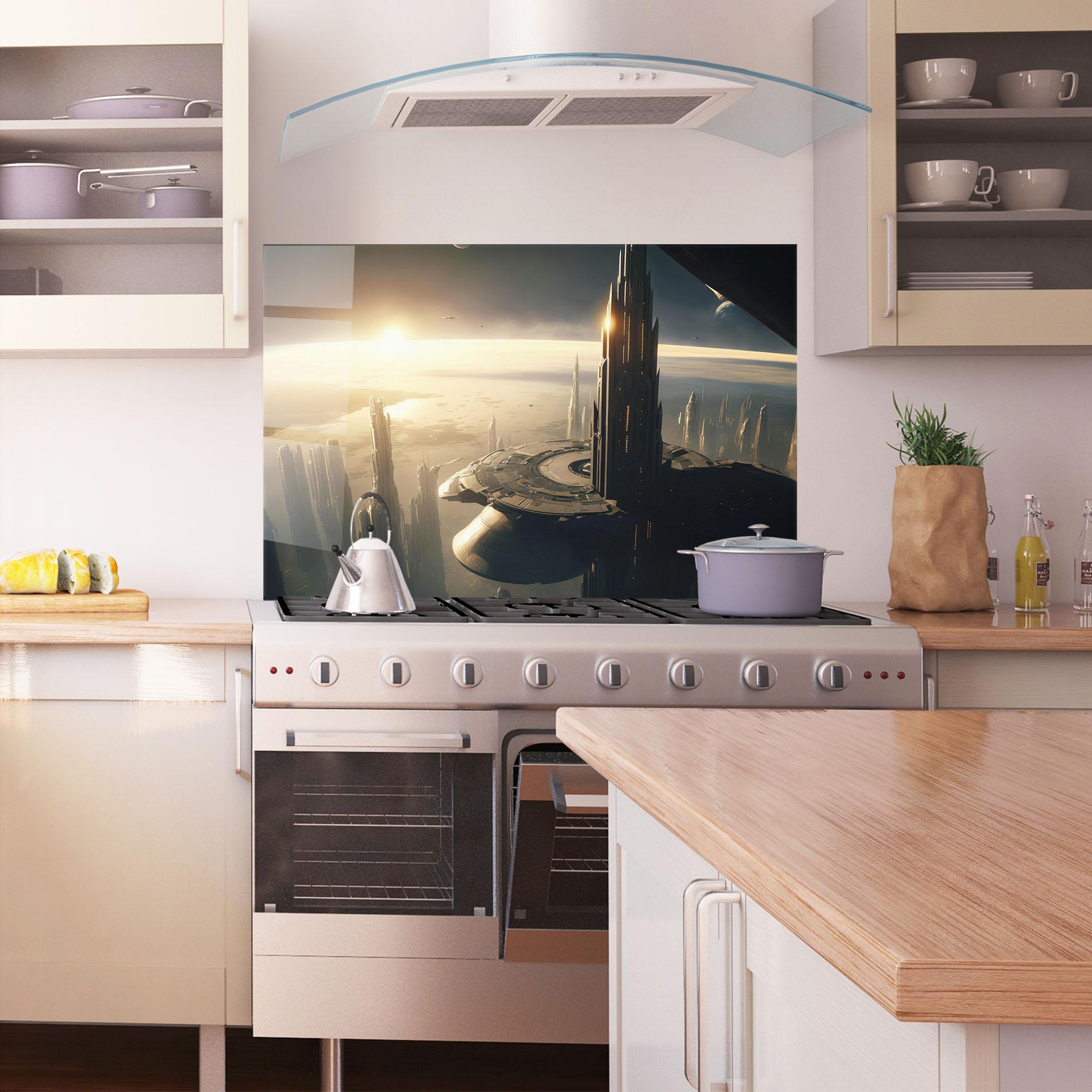 Küchenrückwand Glas Fantasy Futuristic Cityscape mockup 1