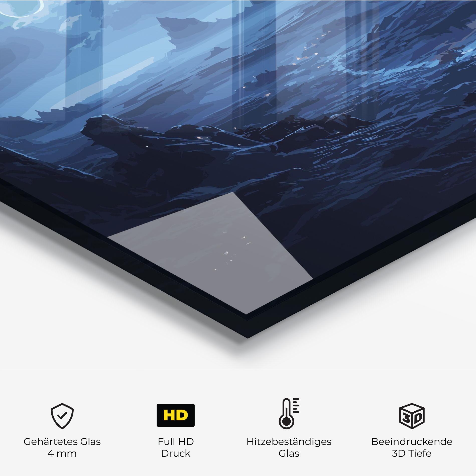 Küchenrückwand Glas Blue Art World mockup 2