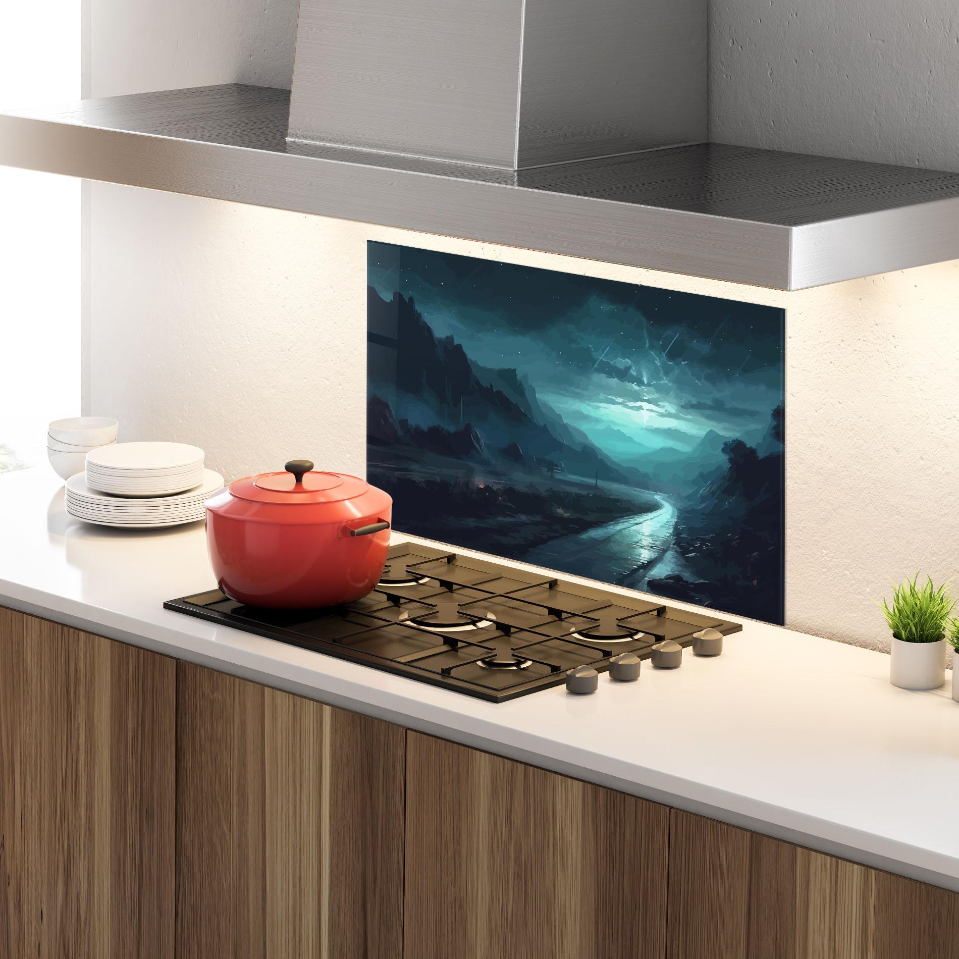 Küchenrückwand Glas Blue Universe mockup 4