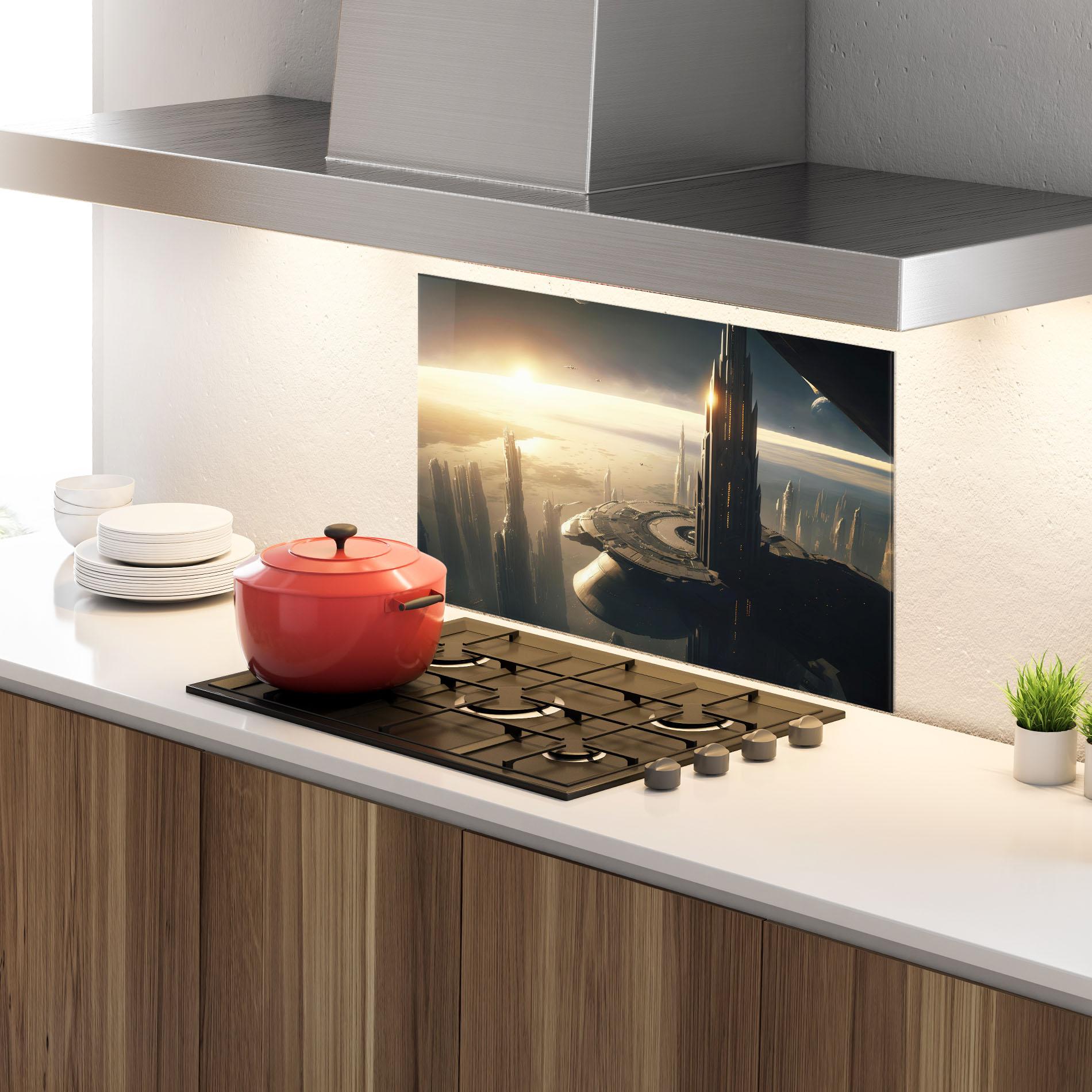 Küchenrückwand Glas Fantasy Futuristic Cityscape mockup 4