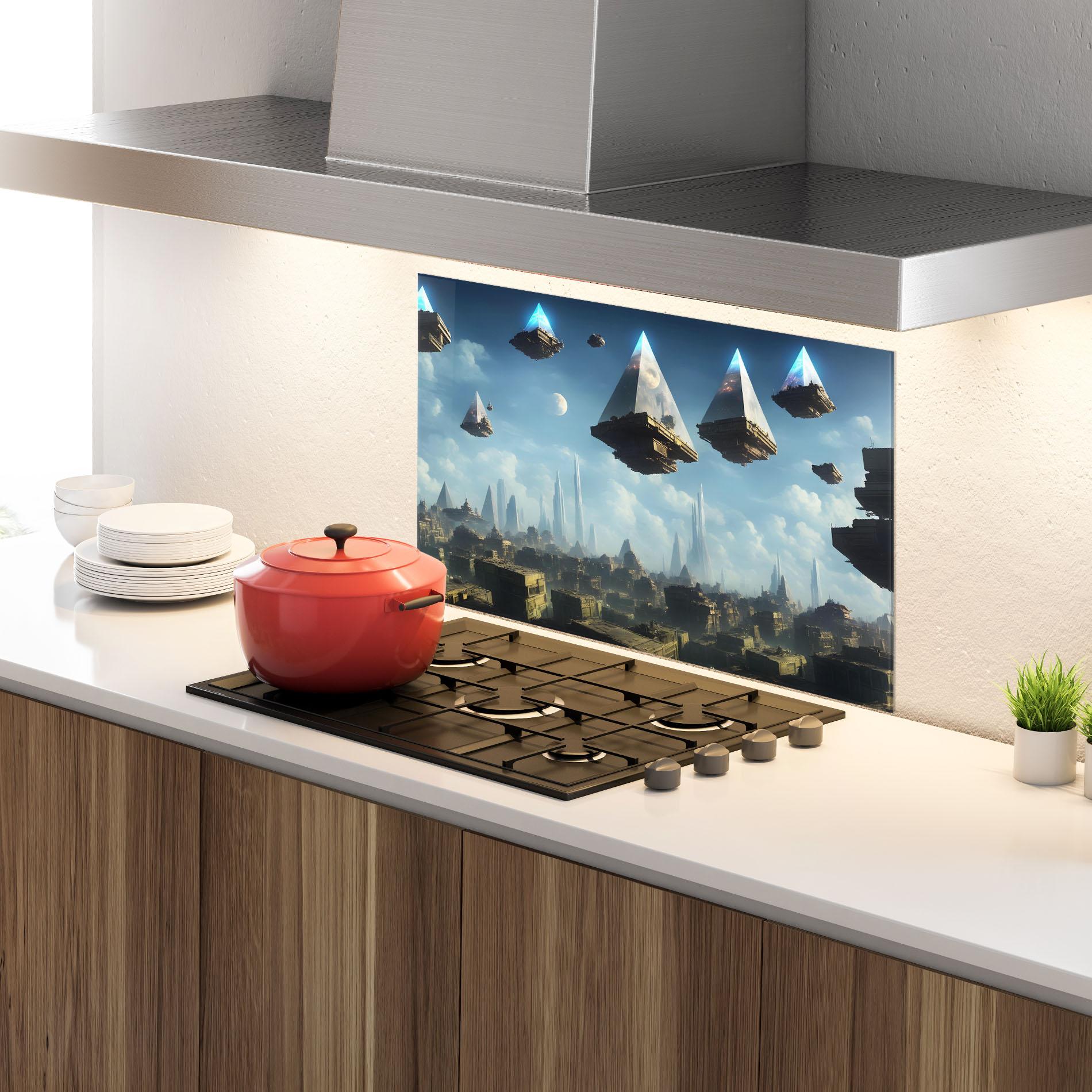 Küchenrückwand Glas Flying Piramids mockup 4