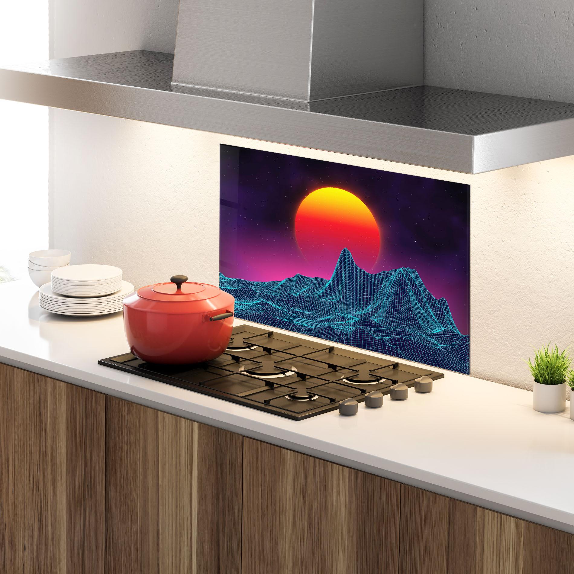 Küchenrückwand Glas Yellow Orange Planet mockup 4