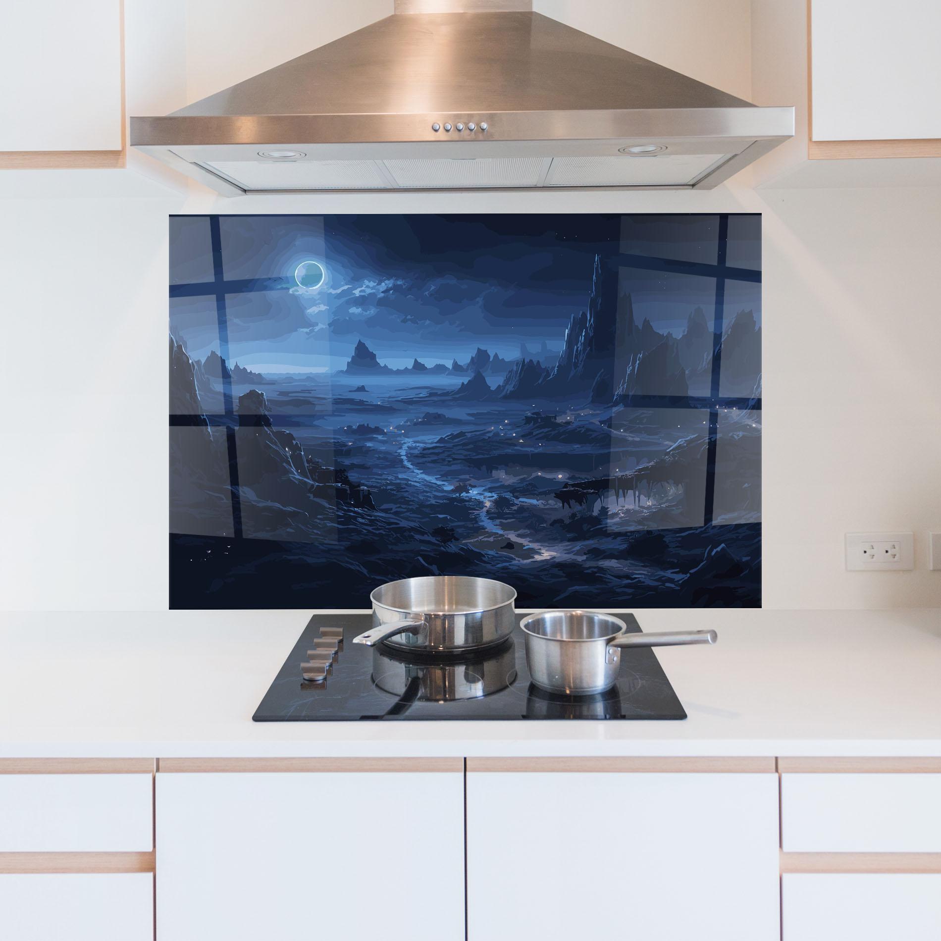 Küchenrückwand Glas Blue Art World mockup 5