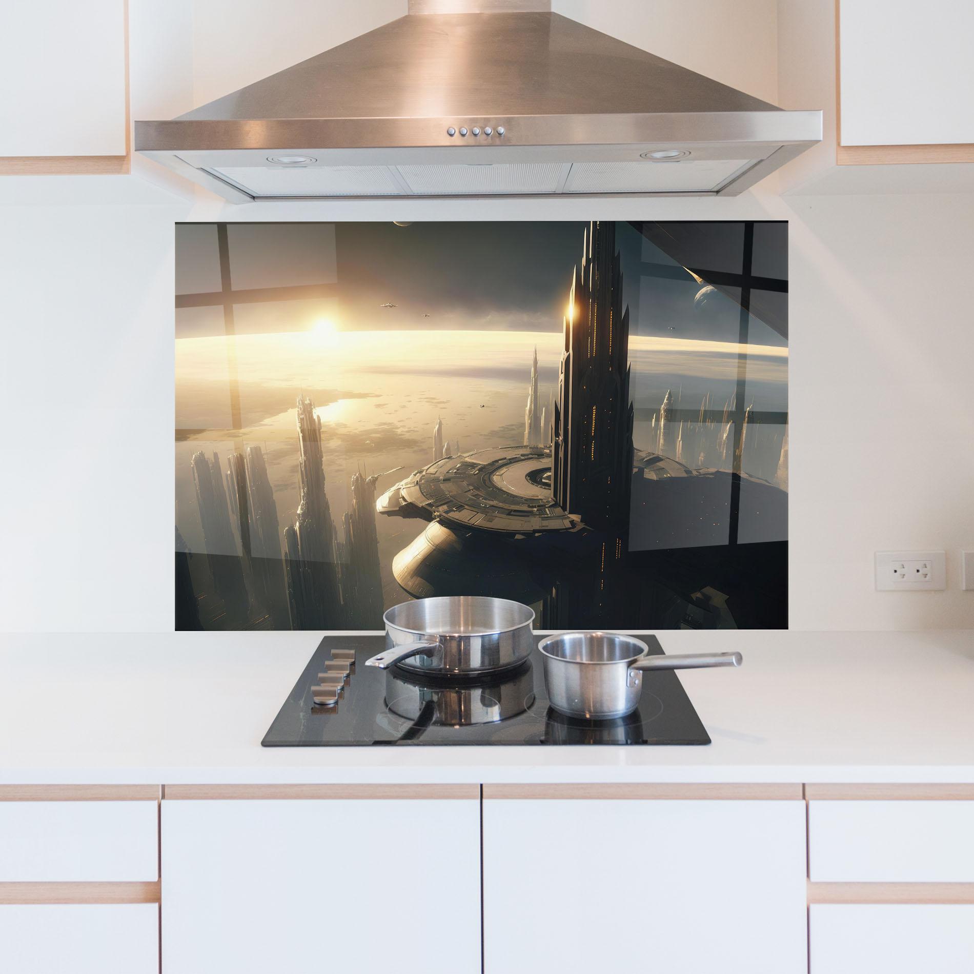 Küchenrückwand Glas Fantasy Futuristic Cityscape mockup 5