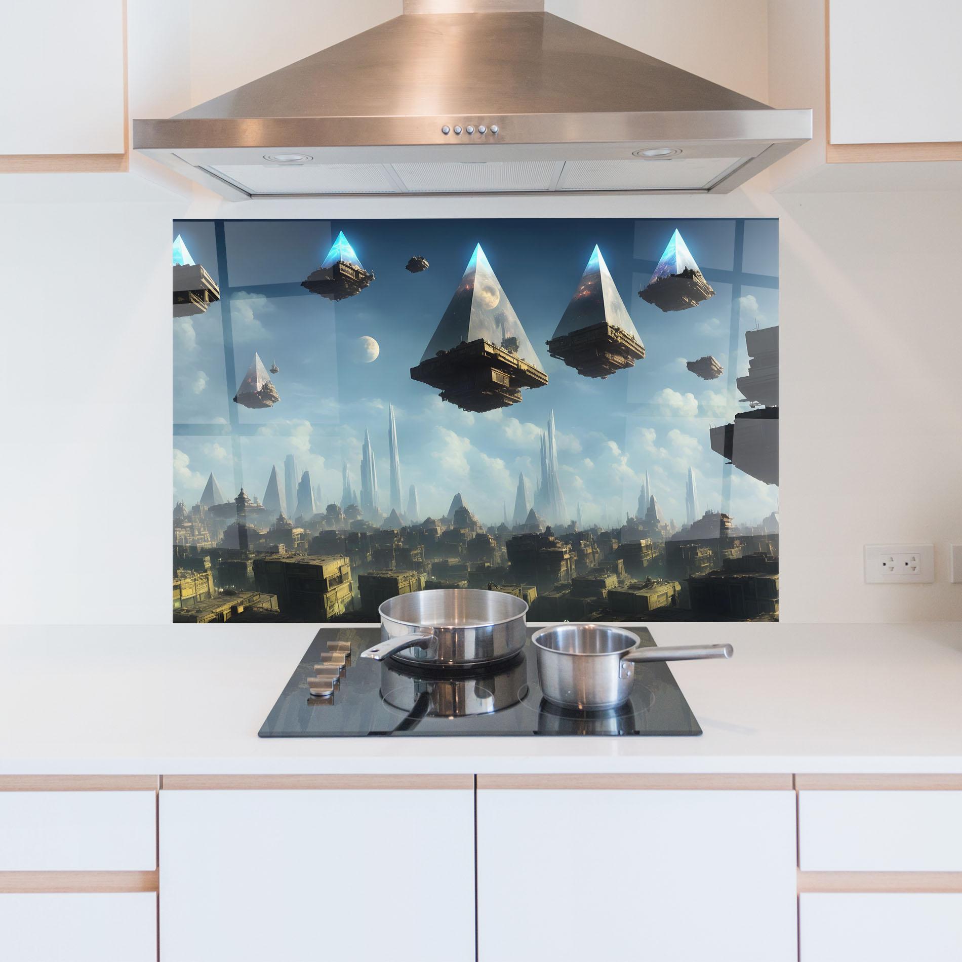 Küchenrückwand Glas Flying Piramids mockup 5