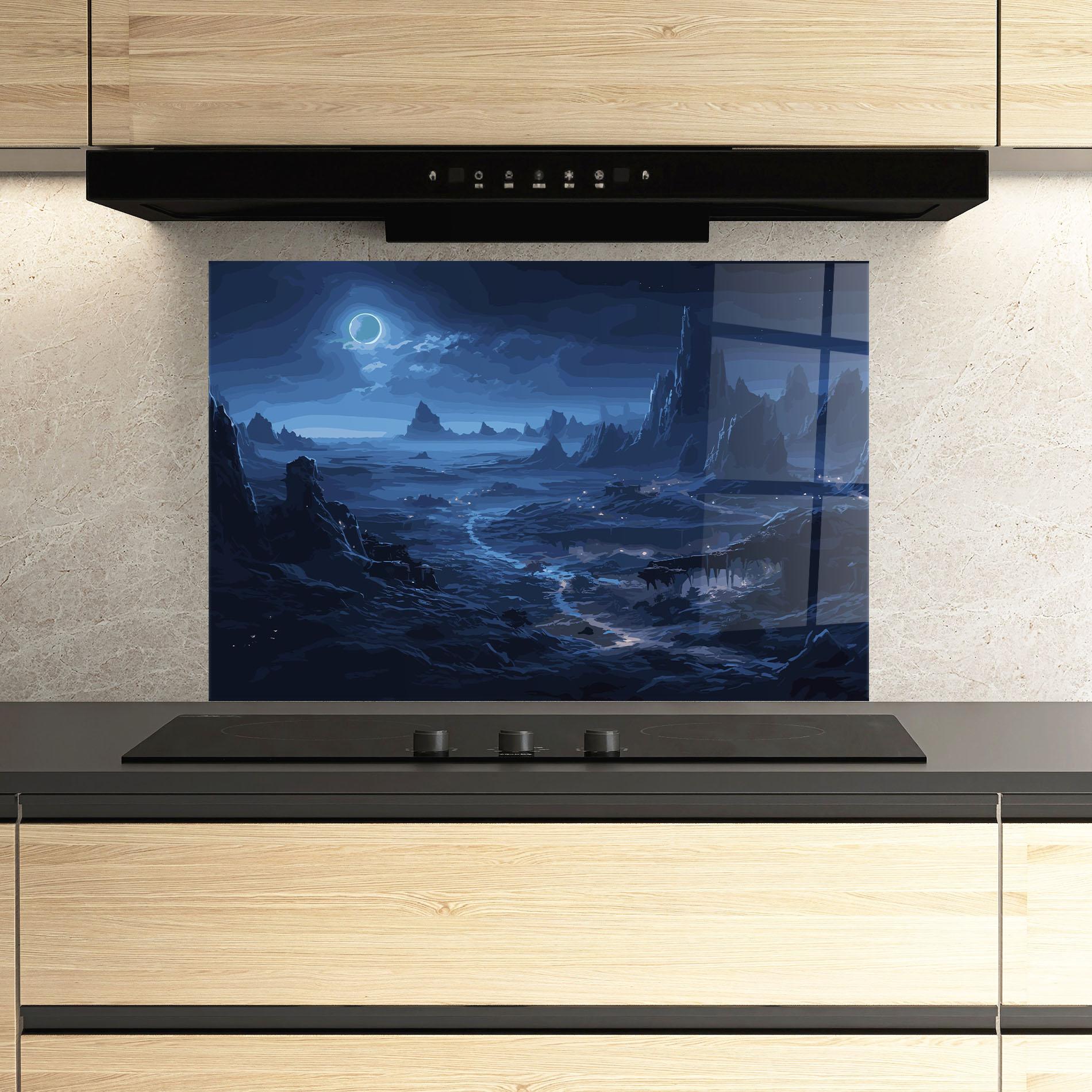 Küchenrückwand Glas Blue Art World mockup 3