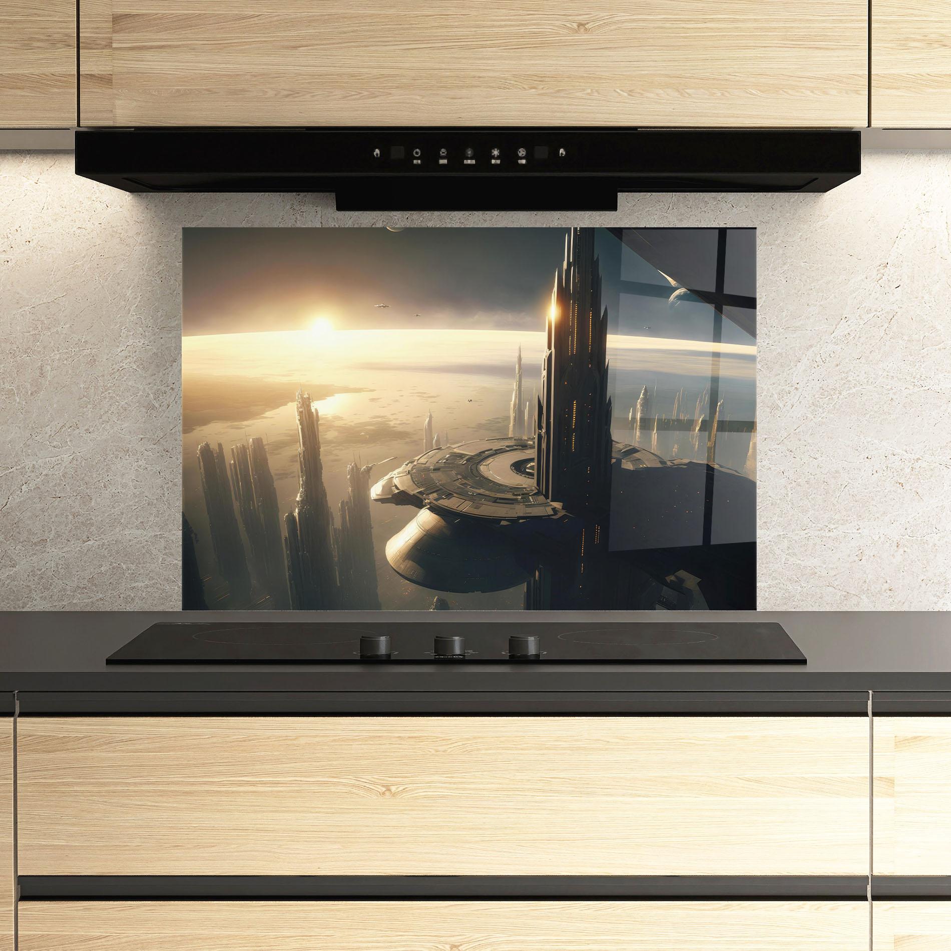 Küchenrückwand Glas Fantasy Futuristic Cityscape mockup 3