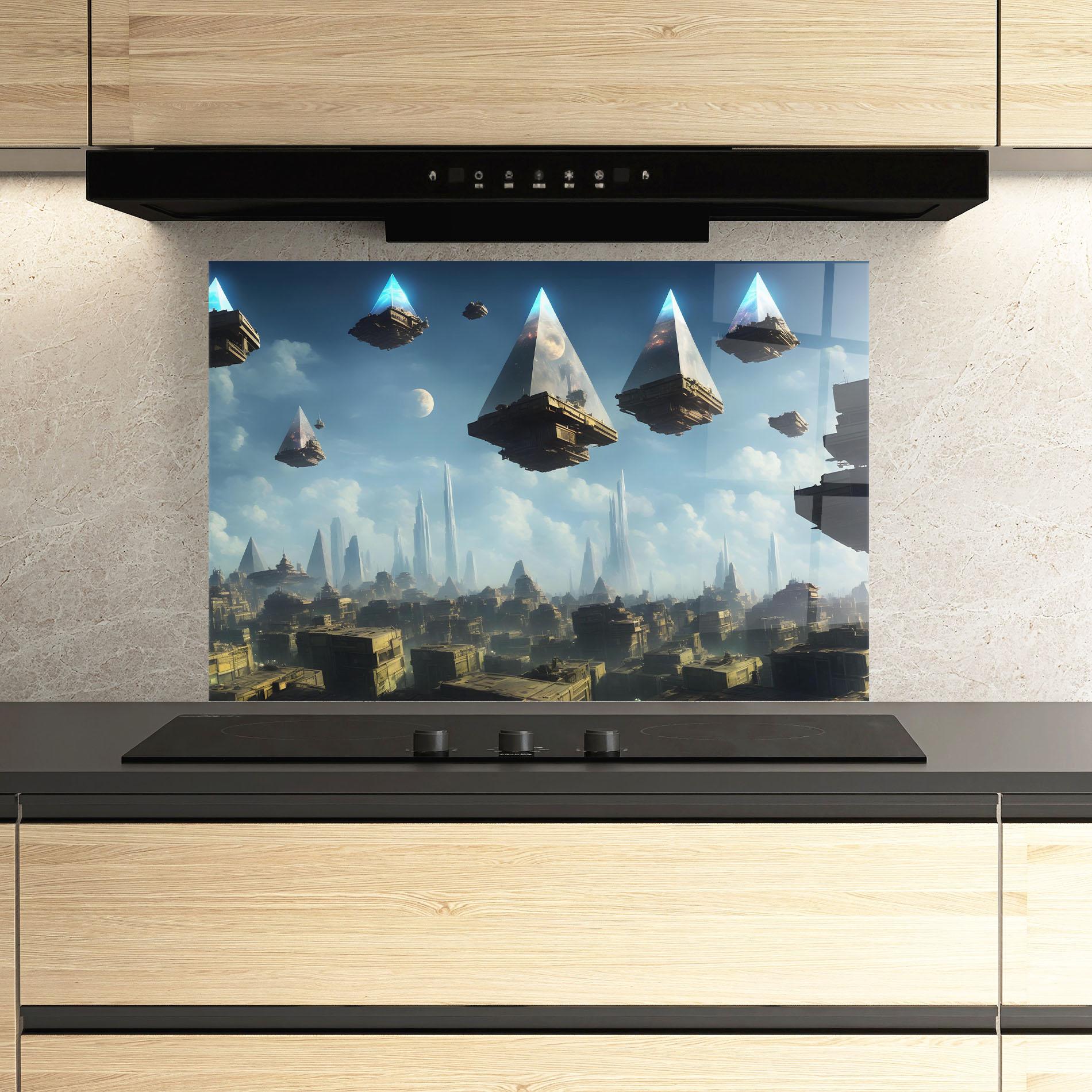 Küchenrückwand Glas Flying Piramids mockup 3