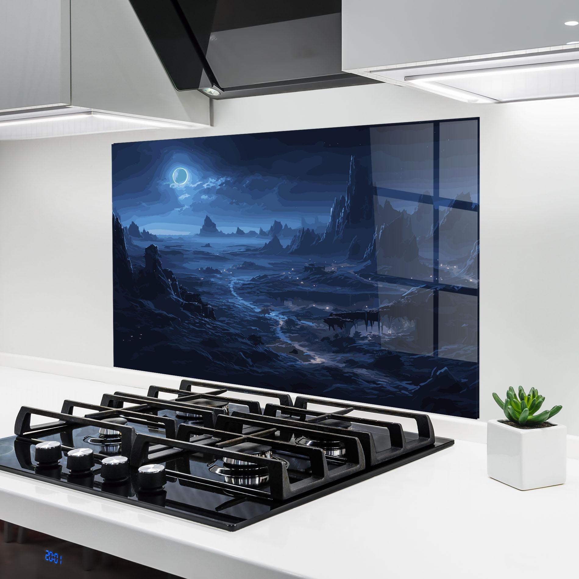 Küchenrückwand Glas Blue Art World mockup 6