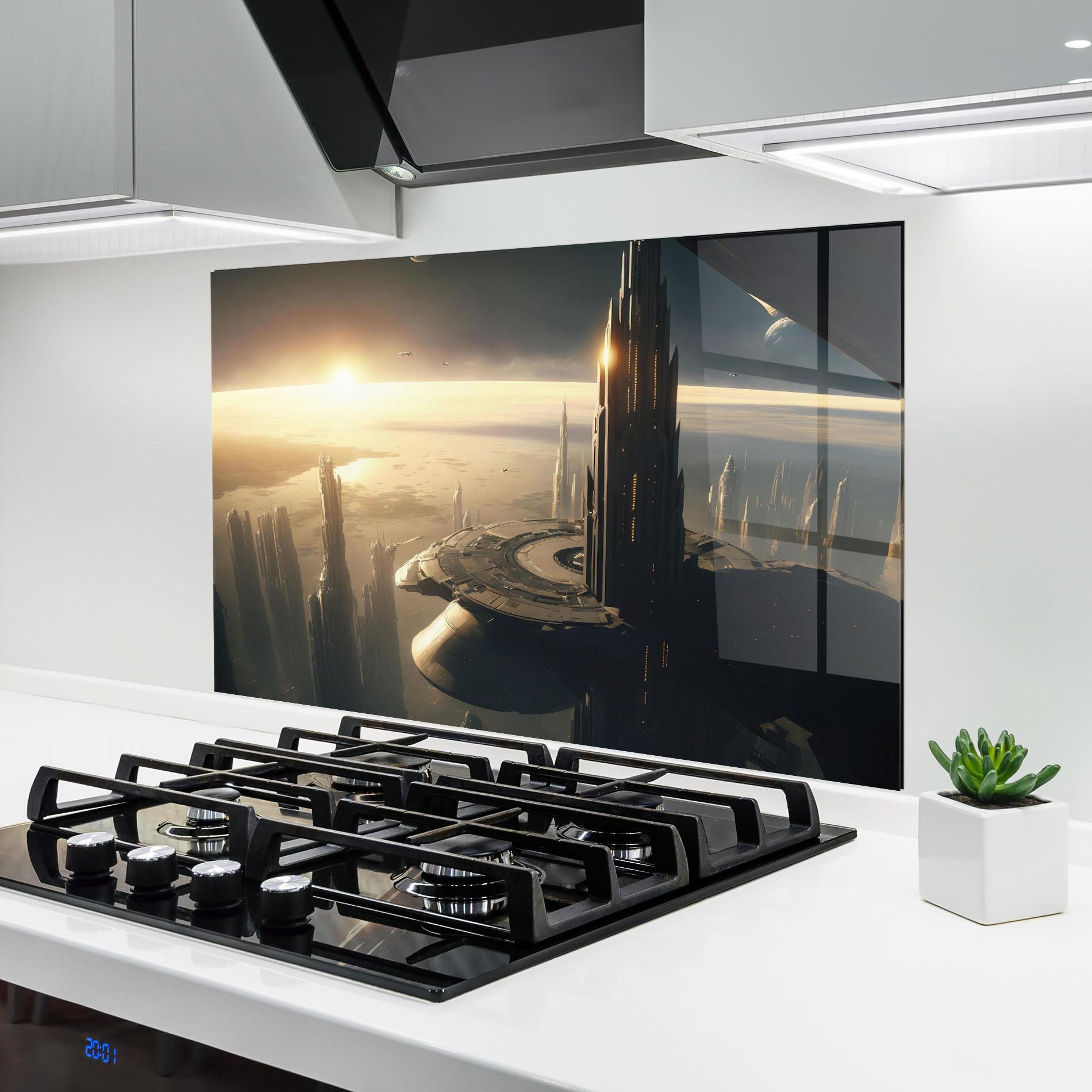 Küchenrückwand Glas Fantasy Futuristic Cityscape mockup 6