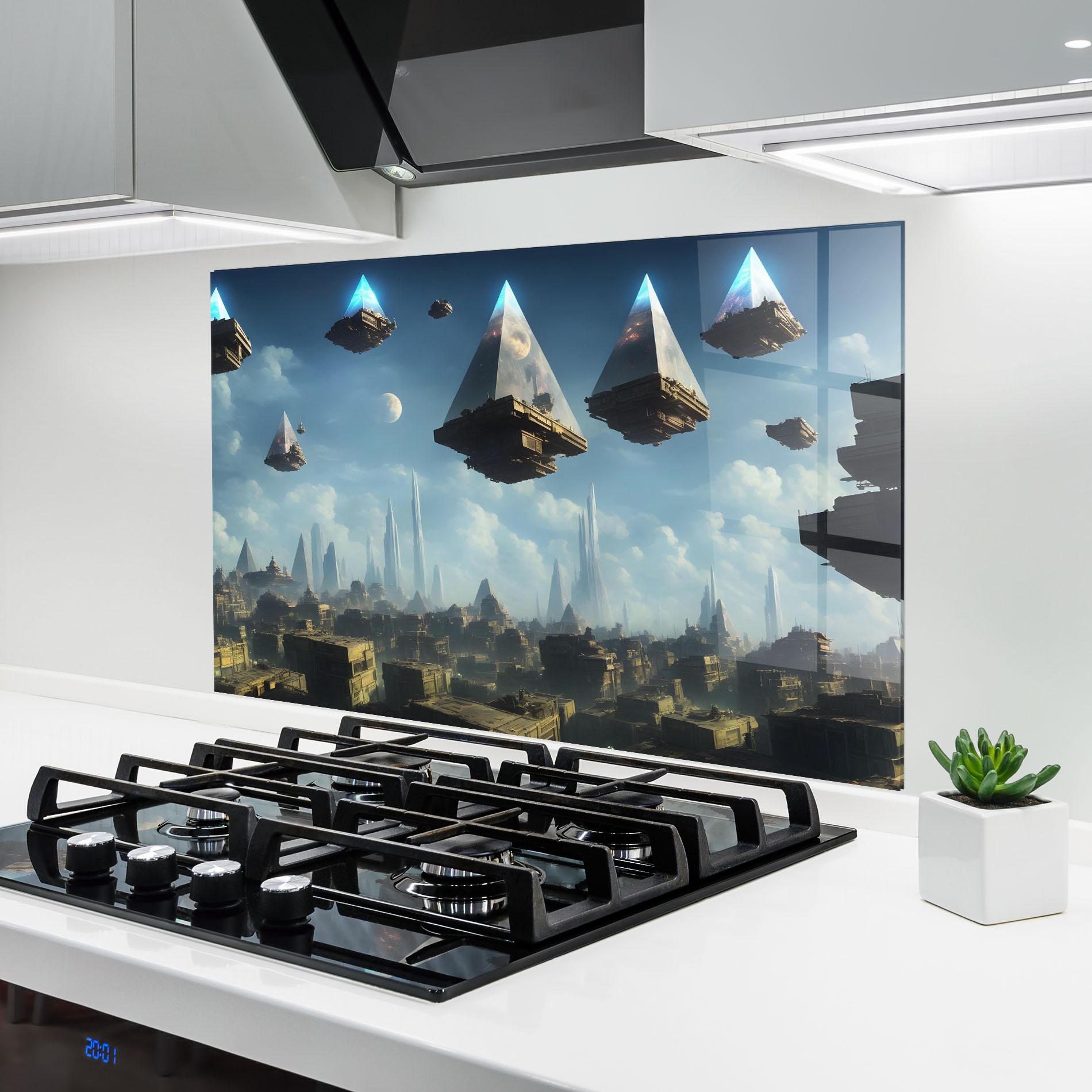 Küchenrückwand Glas Flying Piramids mockup 6