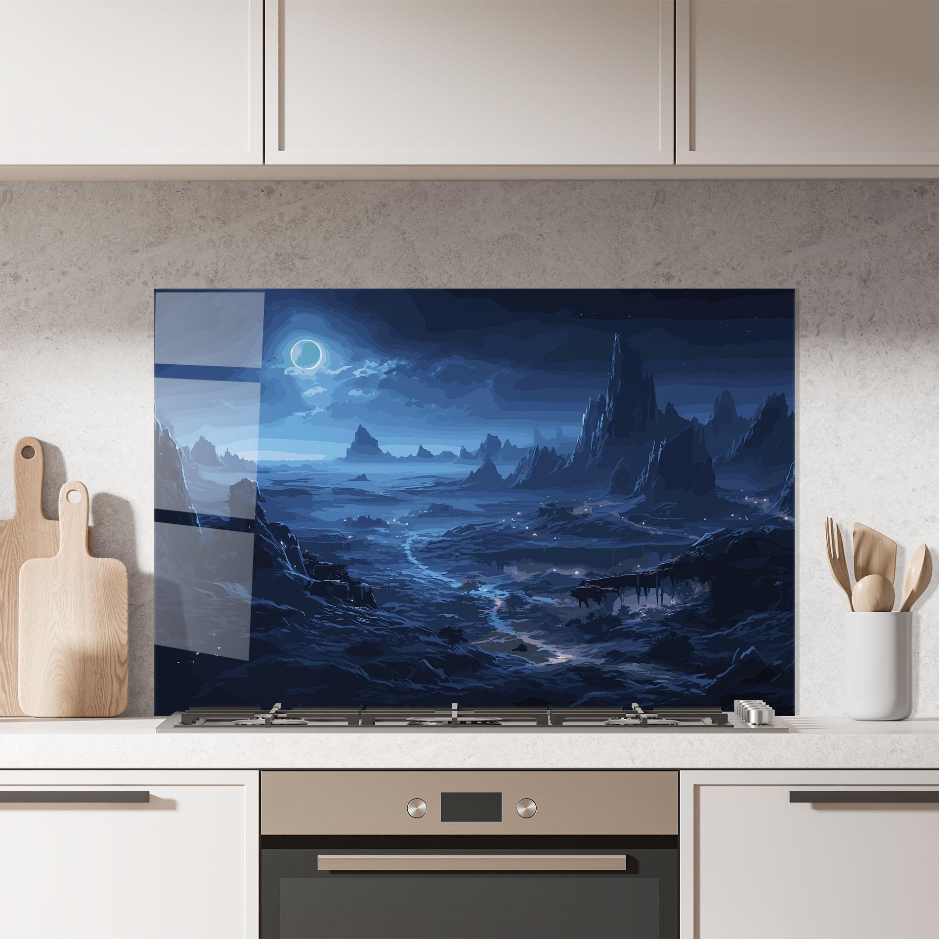 Küchenrückwand Glas Blue Art World mockup 7