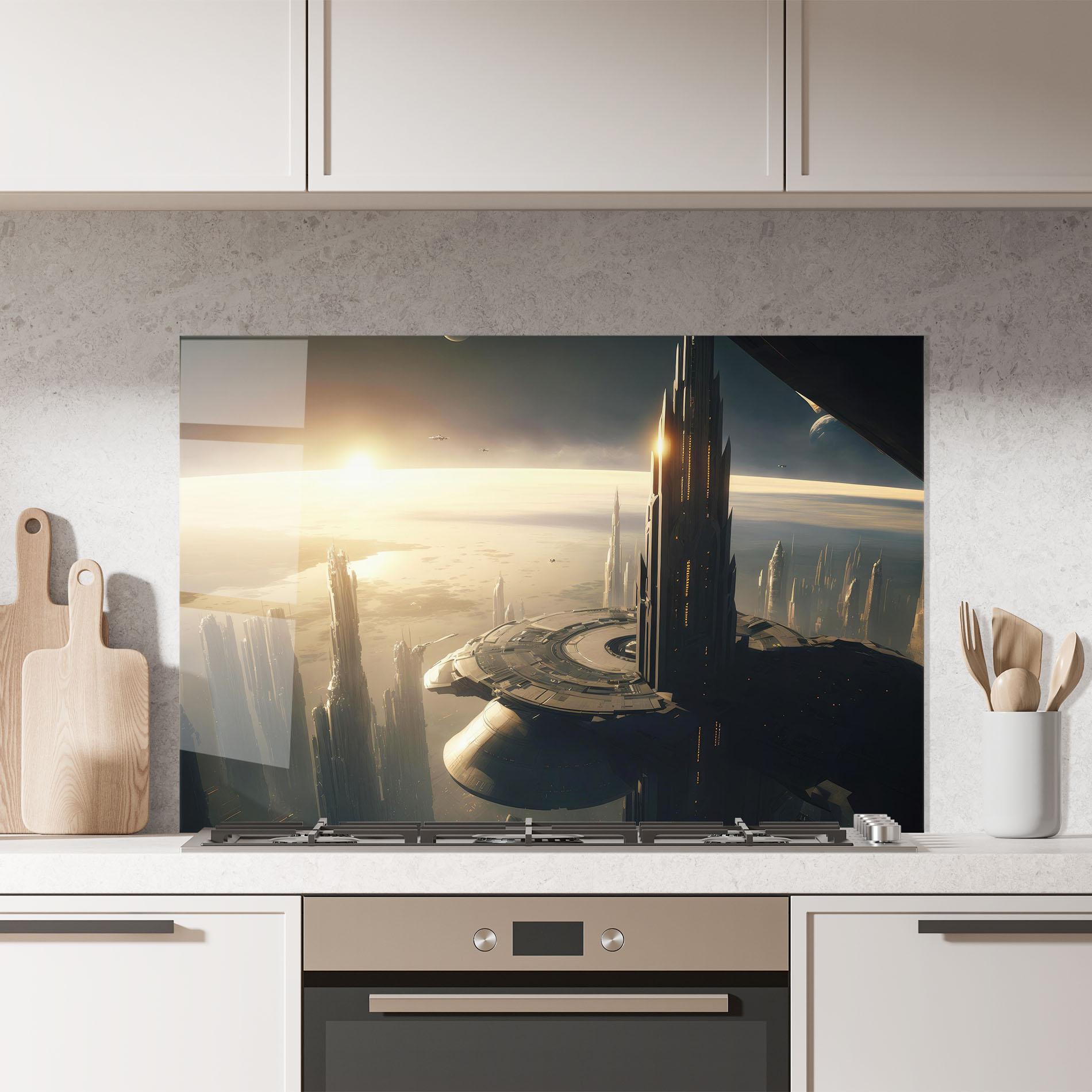 Küchenrückwand Glas Fantasy Futuristic Cityscape mockup 7