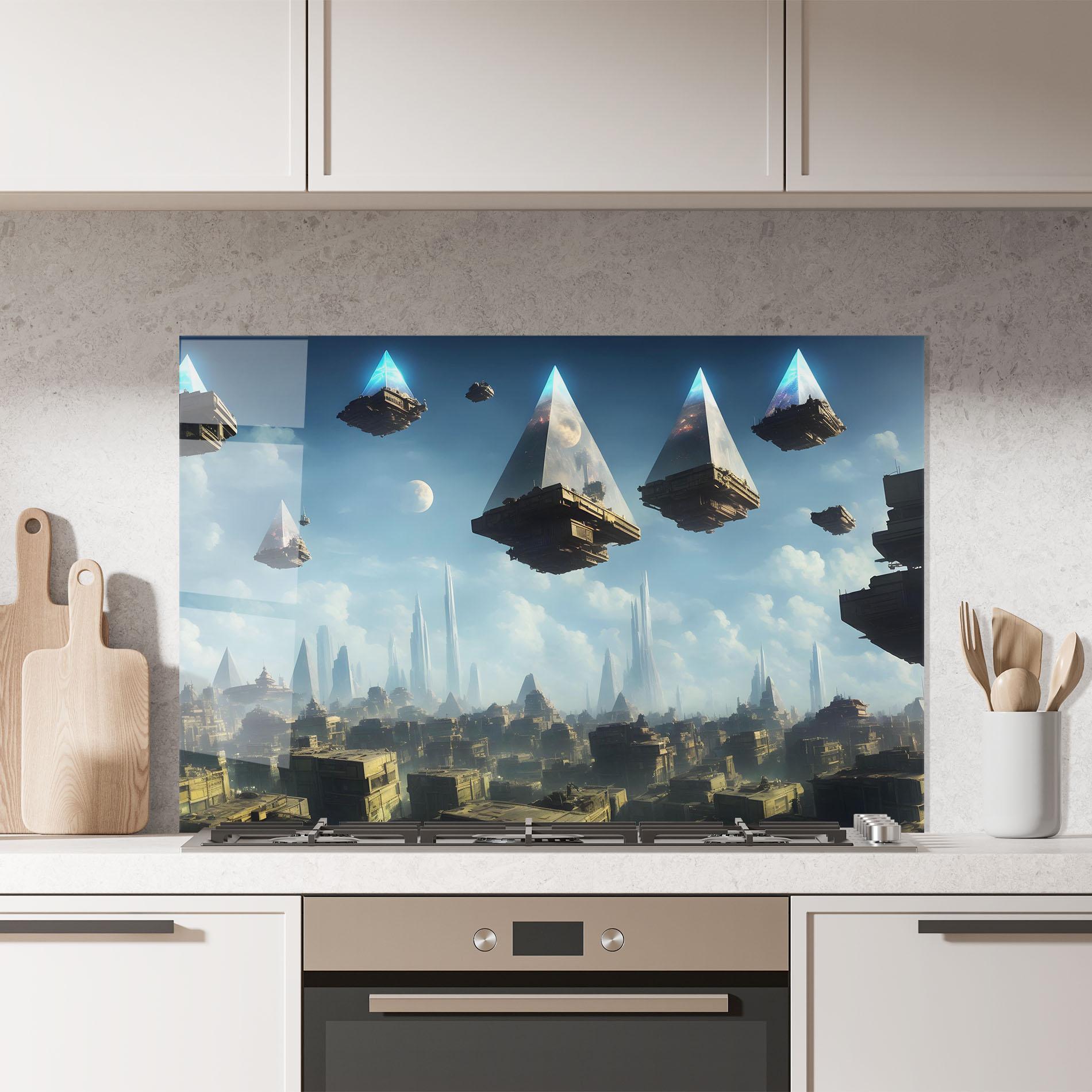 Küchenrückwand Glas Flying Piramids mockup 7