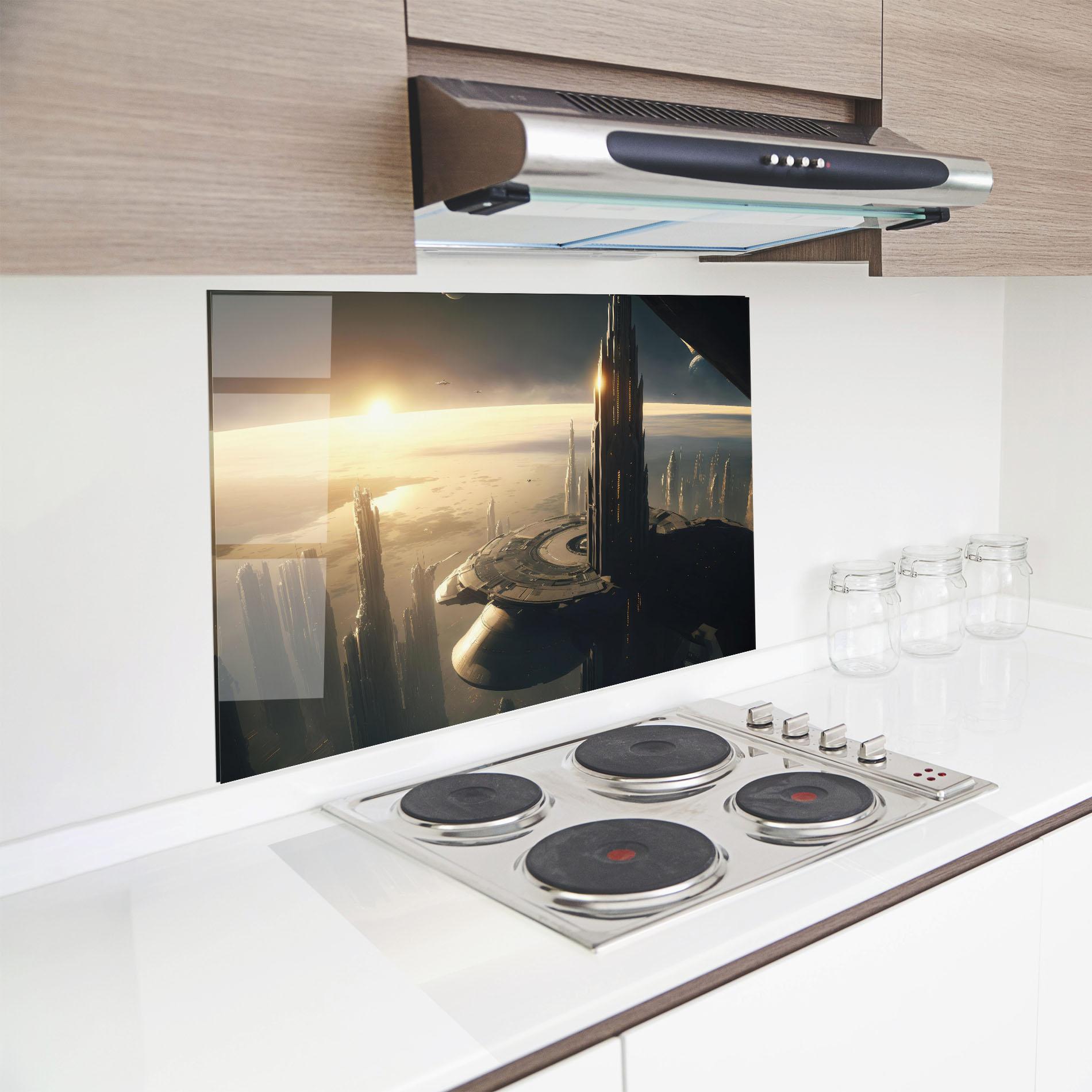 Küchenrückwand Glas Fantasy Futuristic Cityscape mockup 8