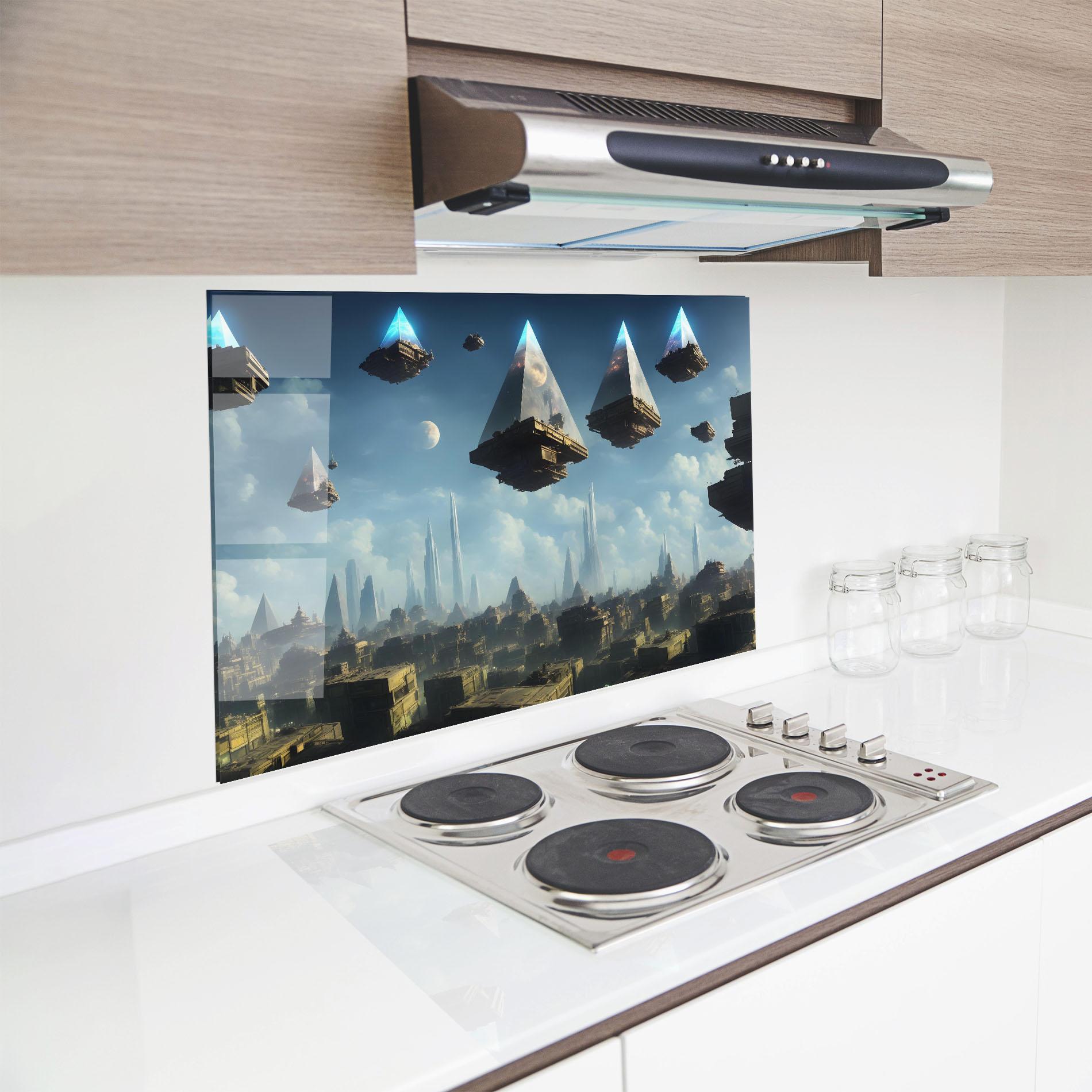 Küchenrückwand Glas Flying Piramids mockup 8