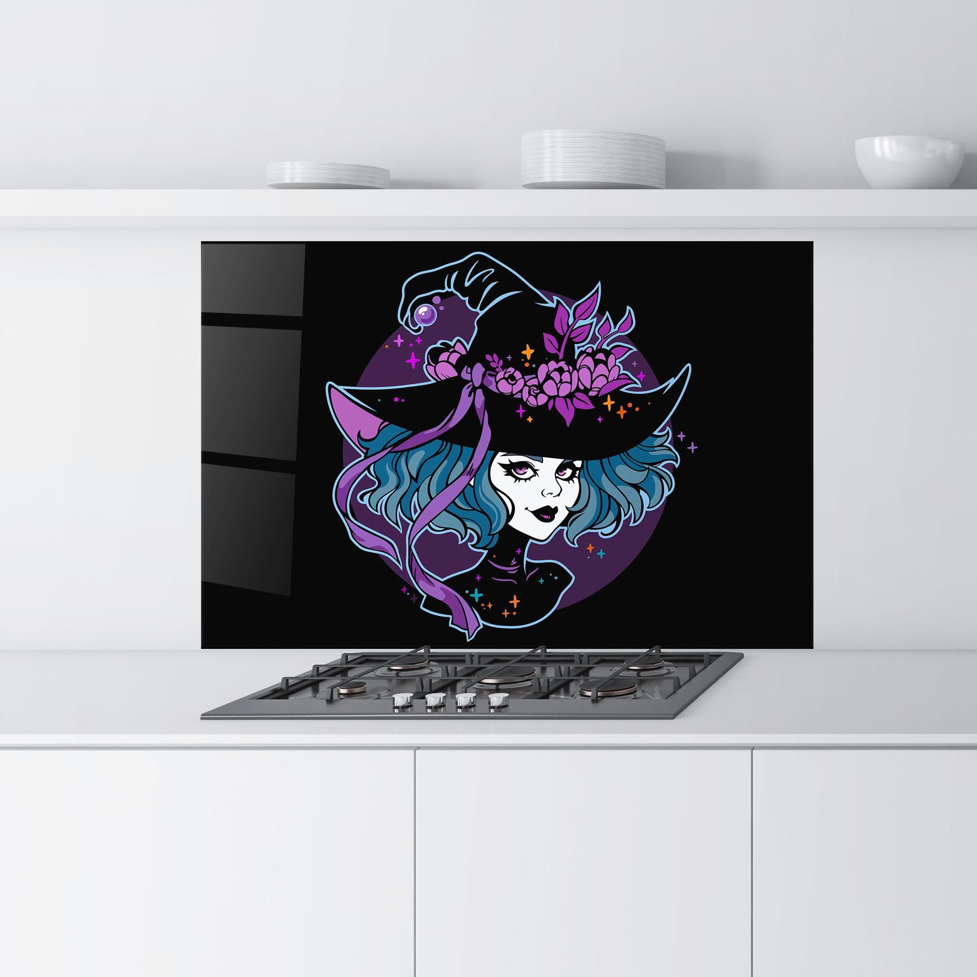 Küchenrückwand Glas Cute Purple Witch mockup 9