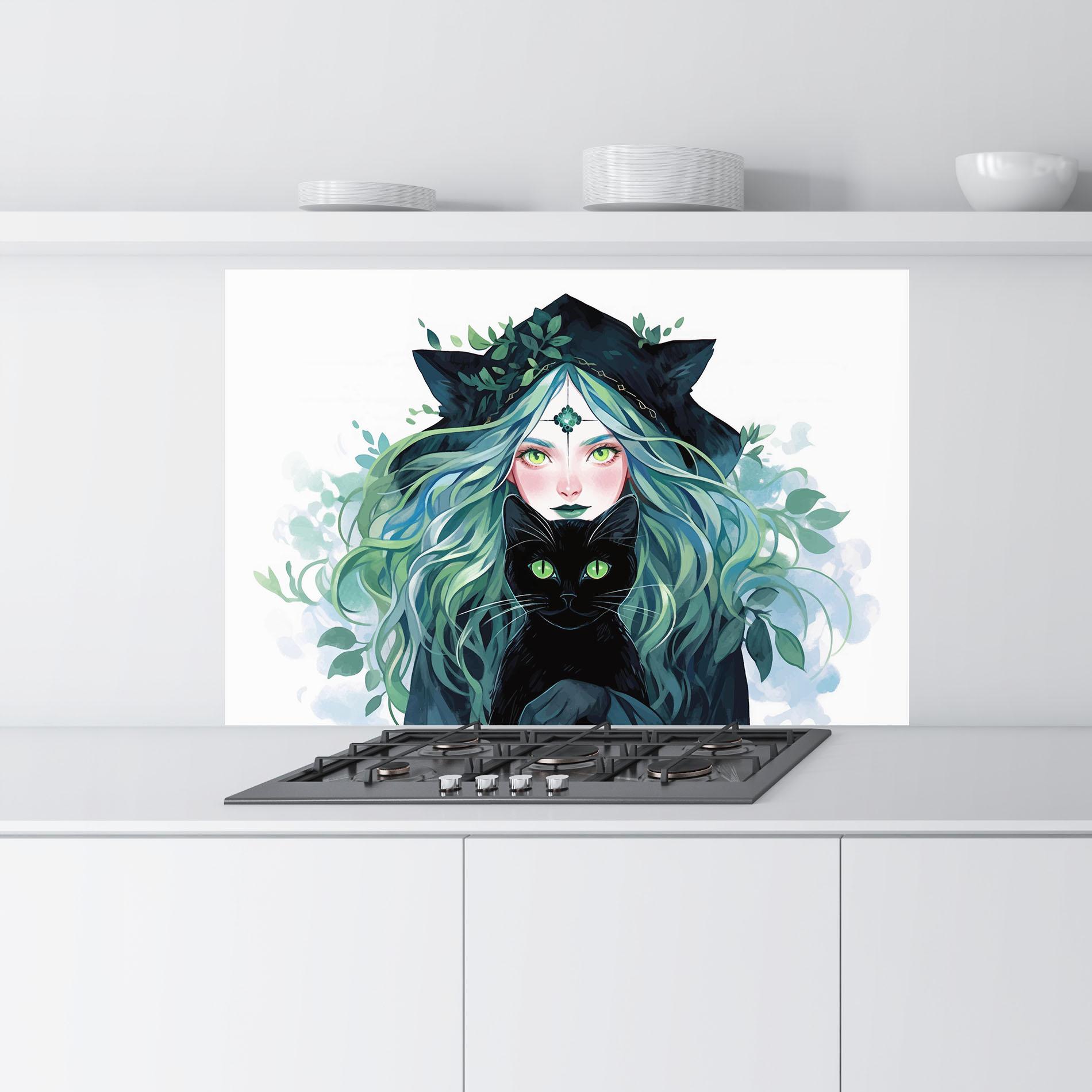 Küchenrückwand Glas Magic Cat Witch mockup 9
