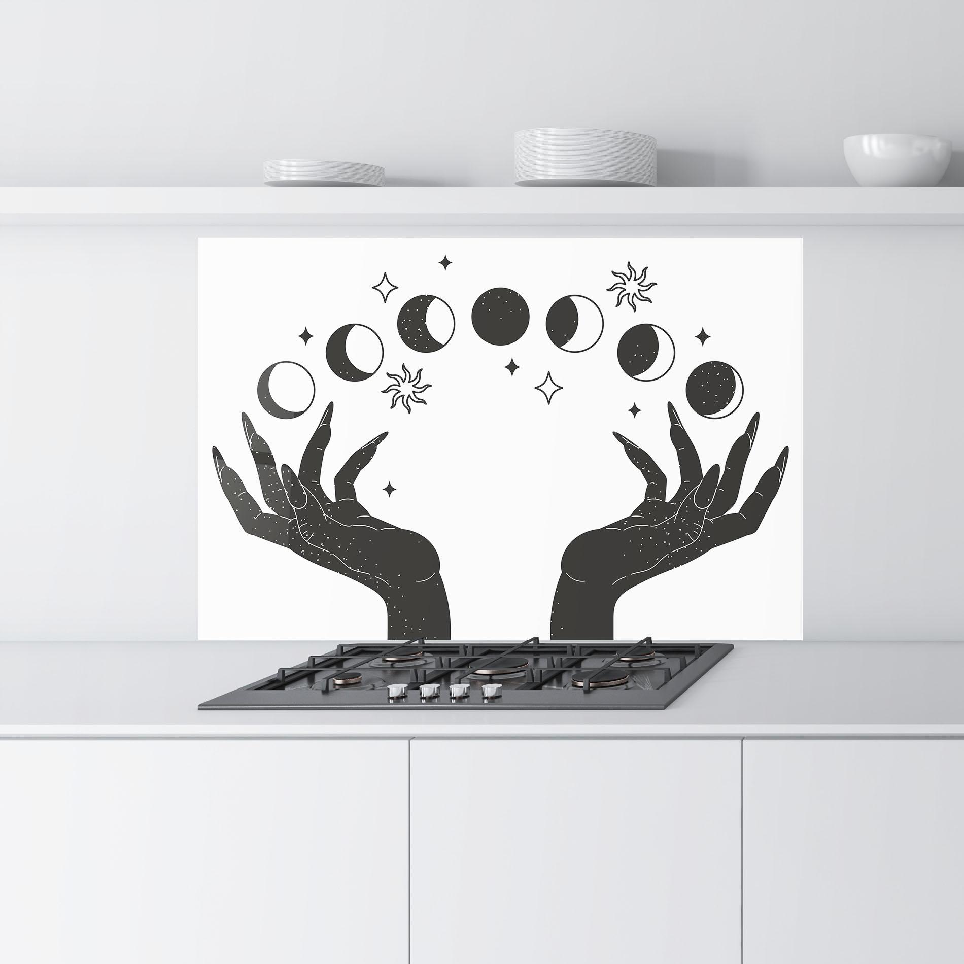 Küchenrückwand Glas Magic Moon Hands mockup 9