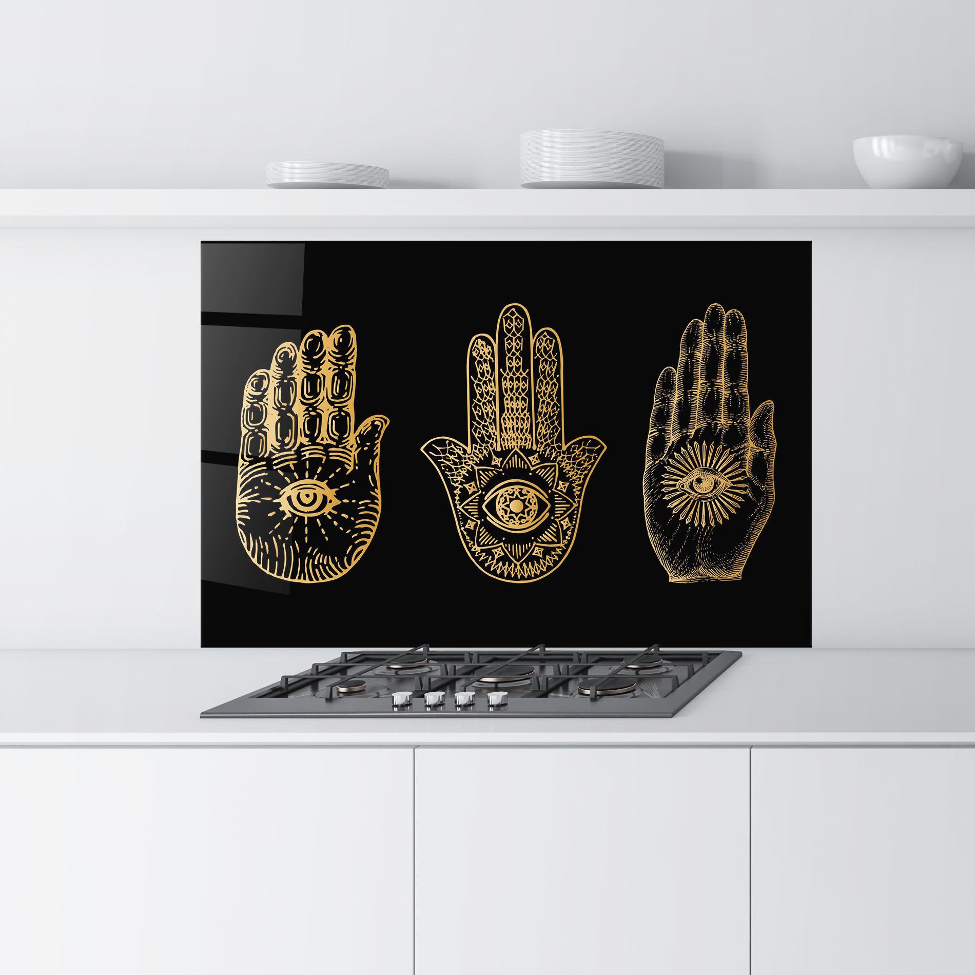 Küchenrückwand Glas Witch Gold Hands mockup 9