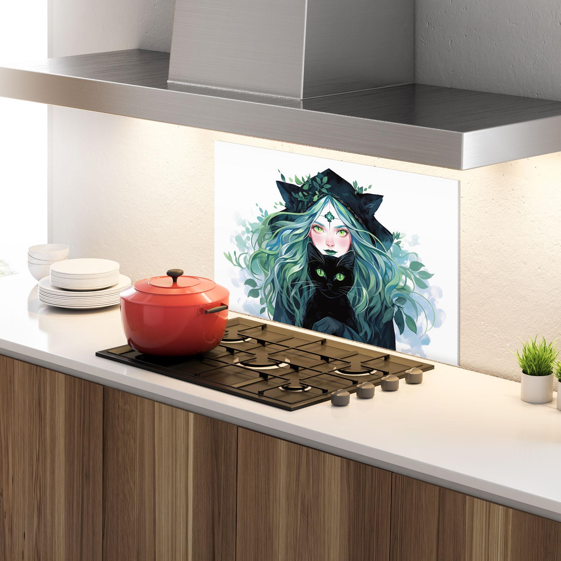 Küchenrückwand Glas Magic Cat Witch mockup 4