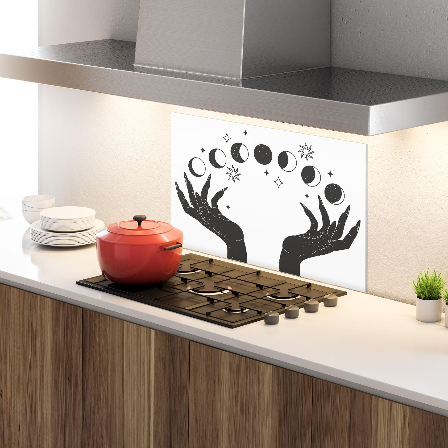 Küchenrückwand Glas Magic Moon Hands mockup 4
