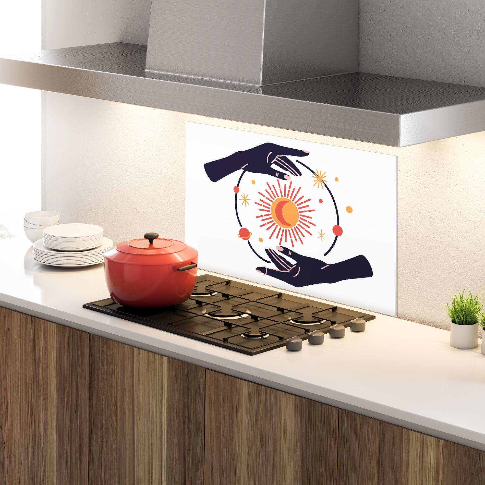 Küchenrückwand Glas Purple Magic Hands mockup 4