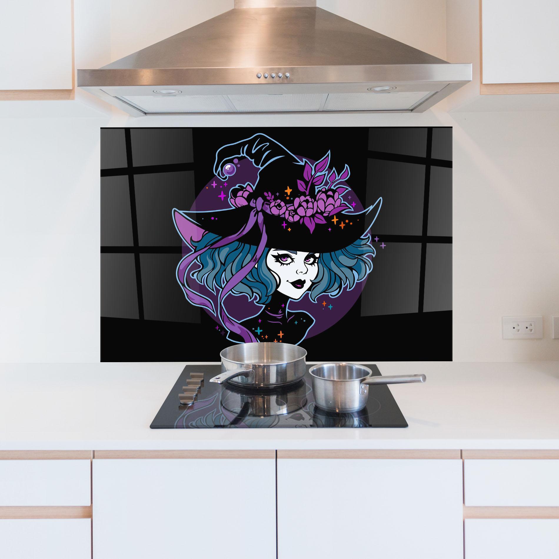Küchenrückwand Glas Cute Purple Witch mockup 5