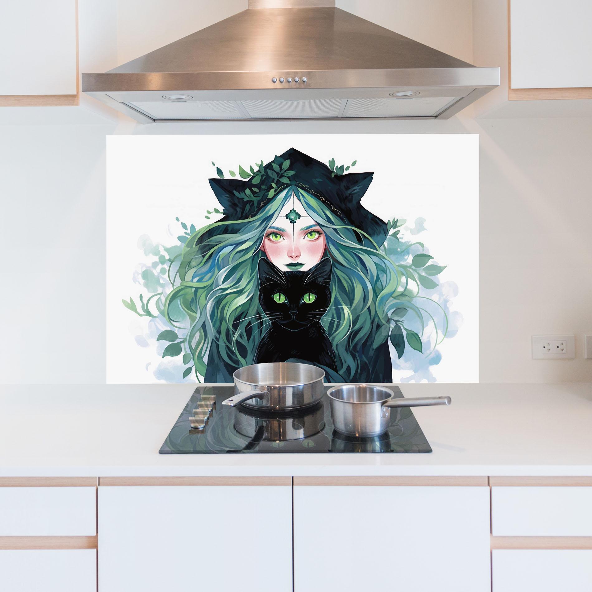 Küchenrückwand Glas Magic Cat Witch mockup 5