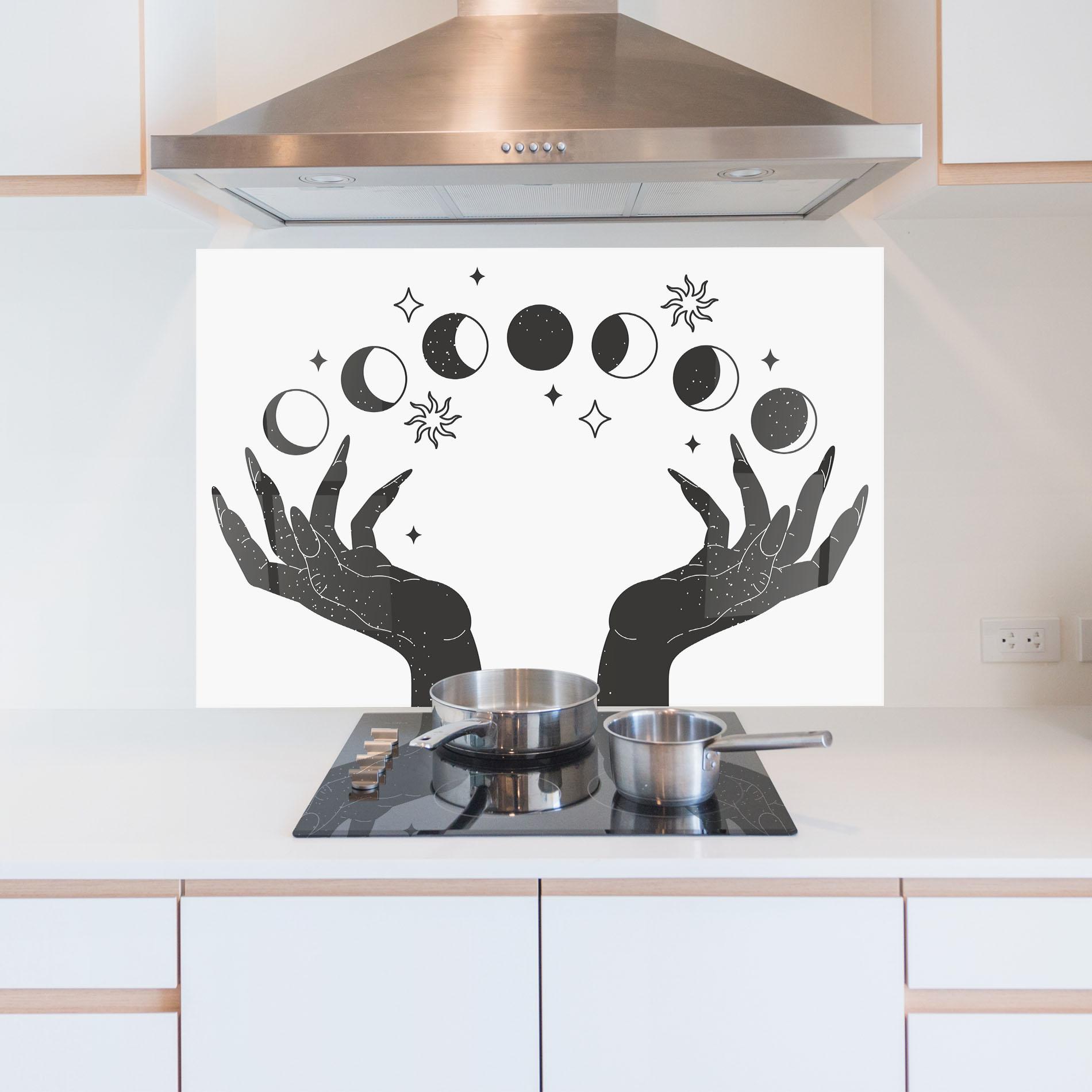 Küchenrückwand Glas Magic Moon Hands mockup 5