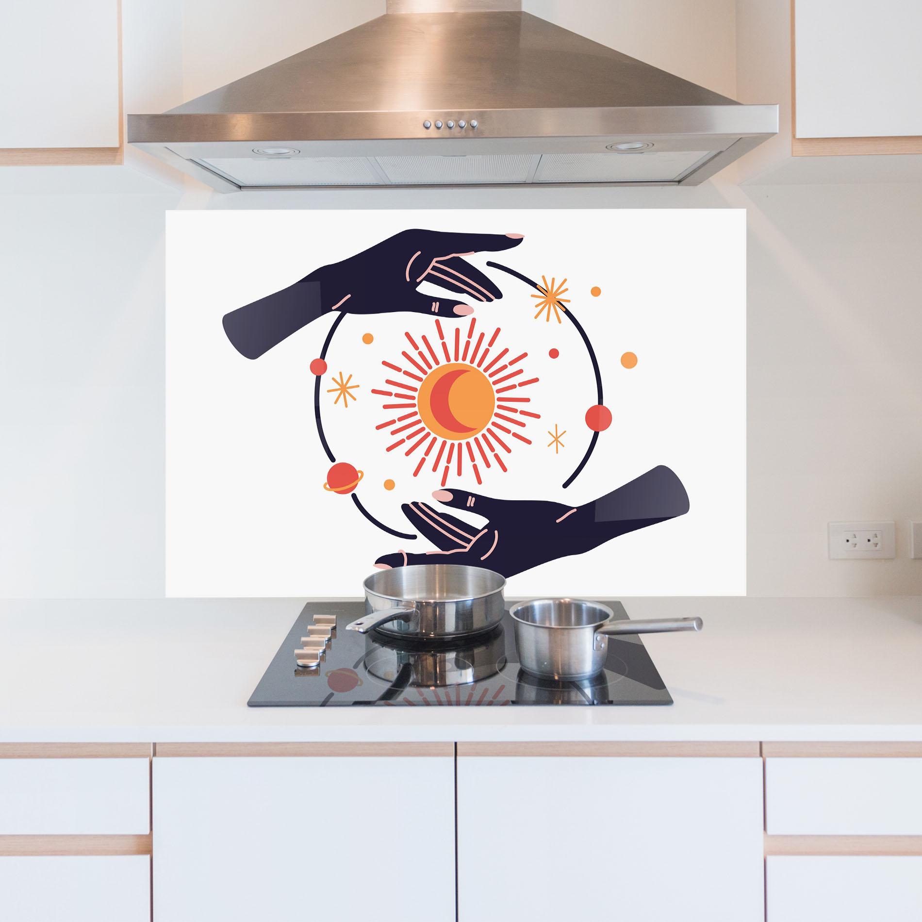 Küchenrückwand Glas Purple Magic Hands mockup 5