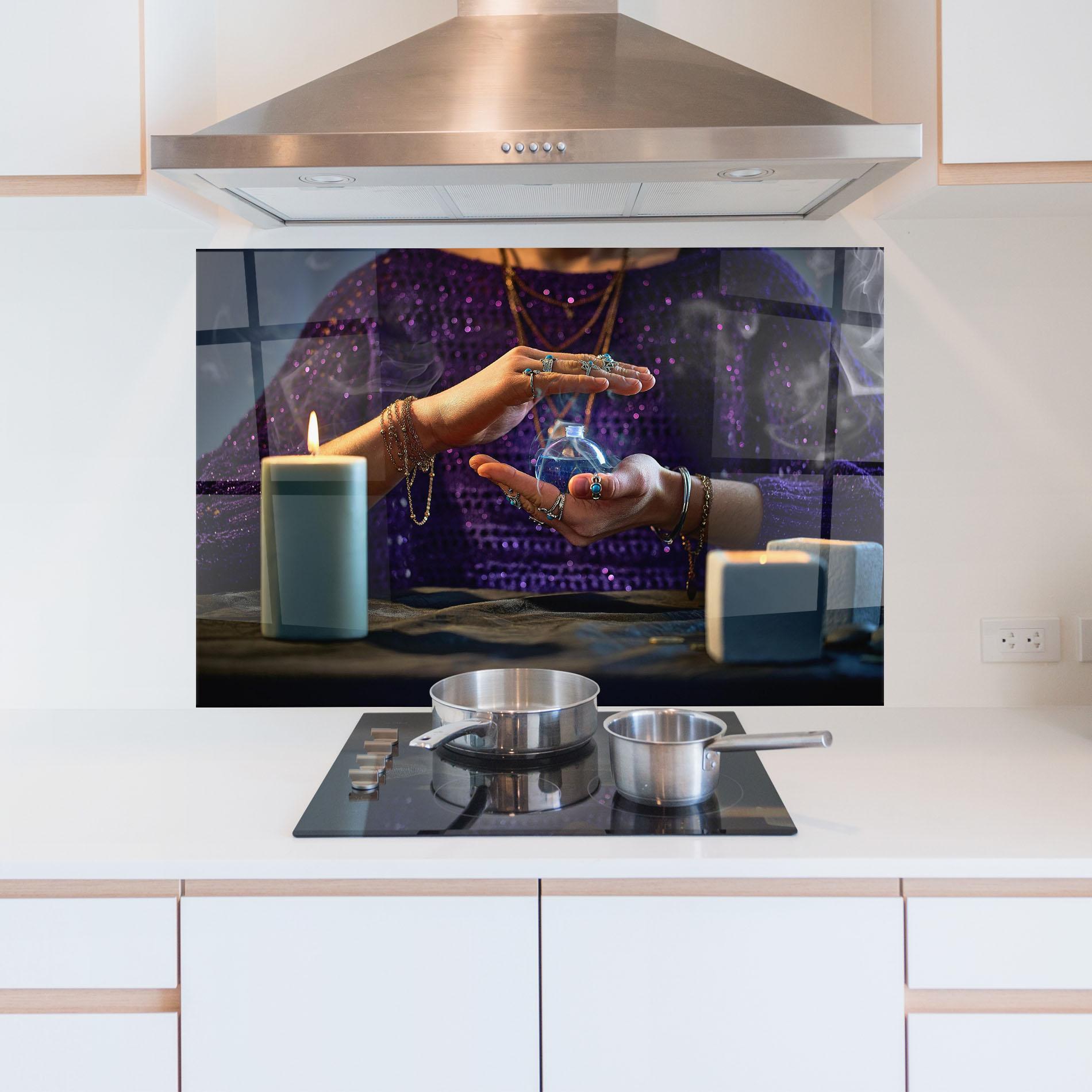 Küchenrückwand Glas Witch Magic Smoke mockup 5