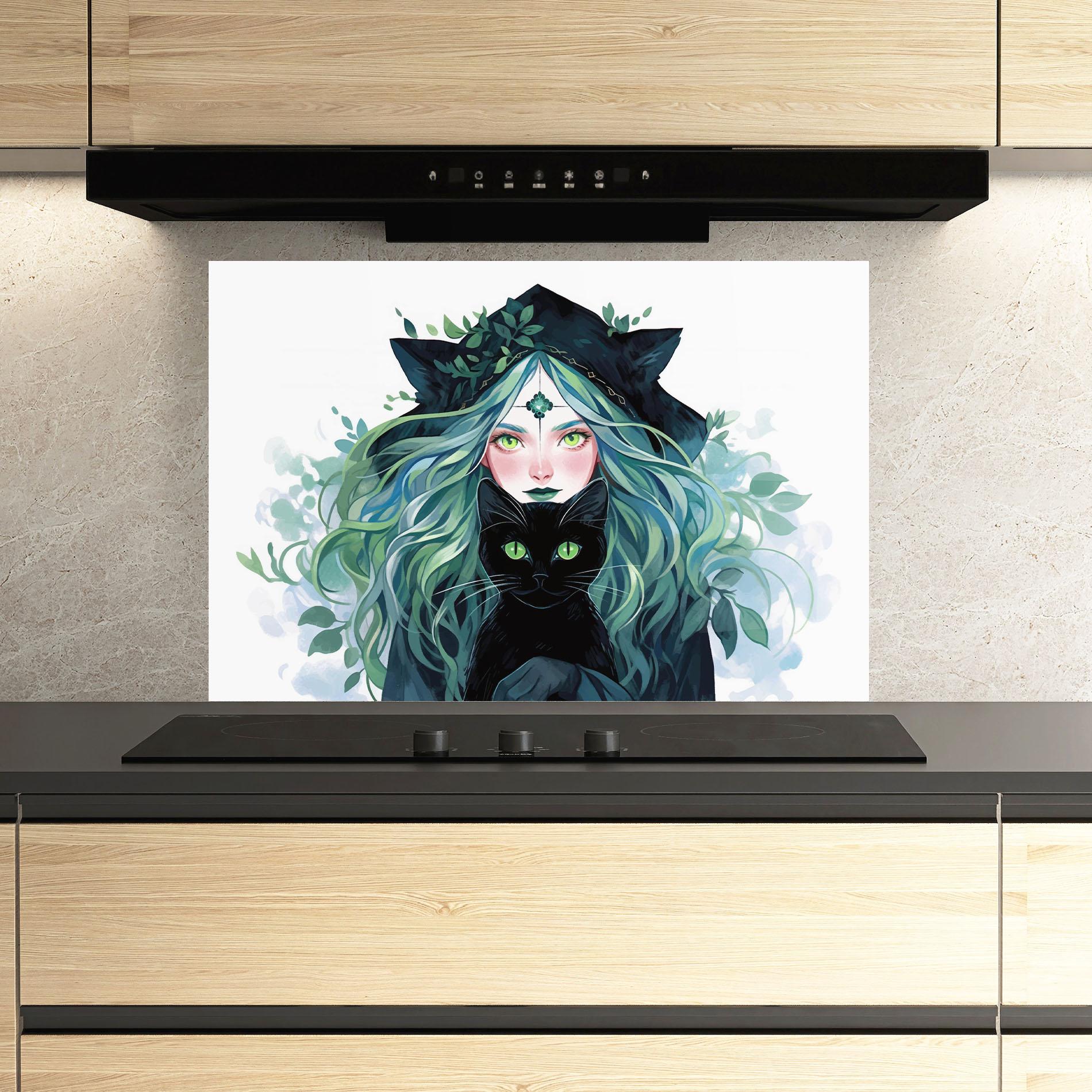 Küchenrückwand Glas Magic Cat Witch mockup 3