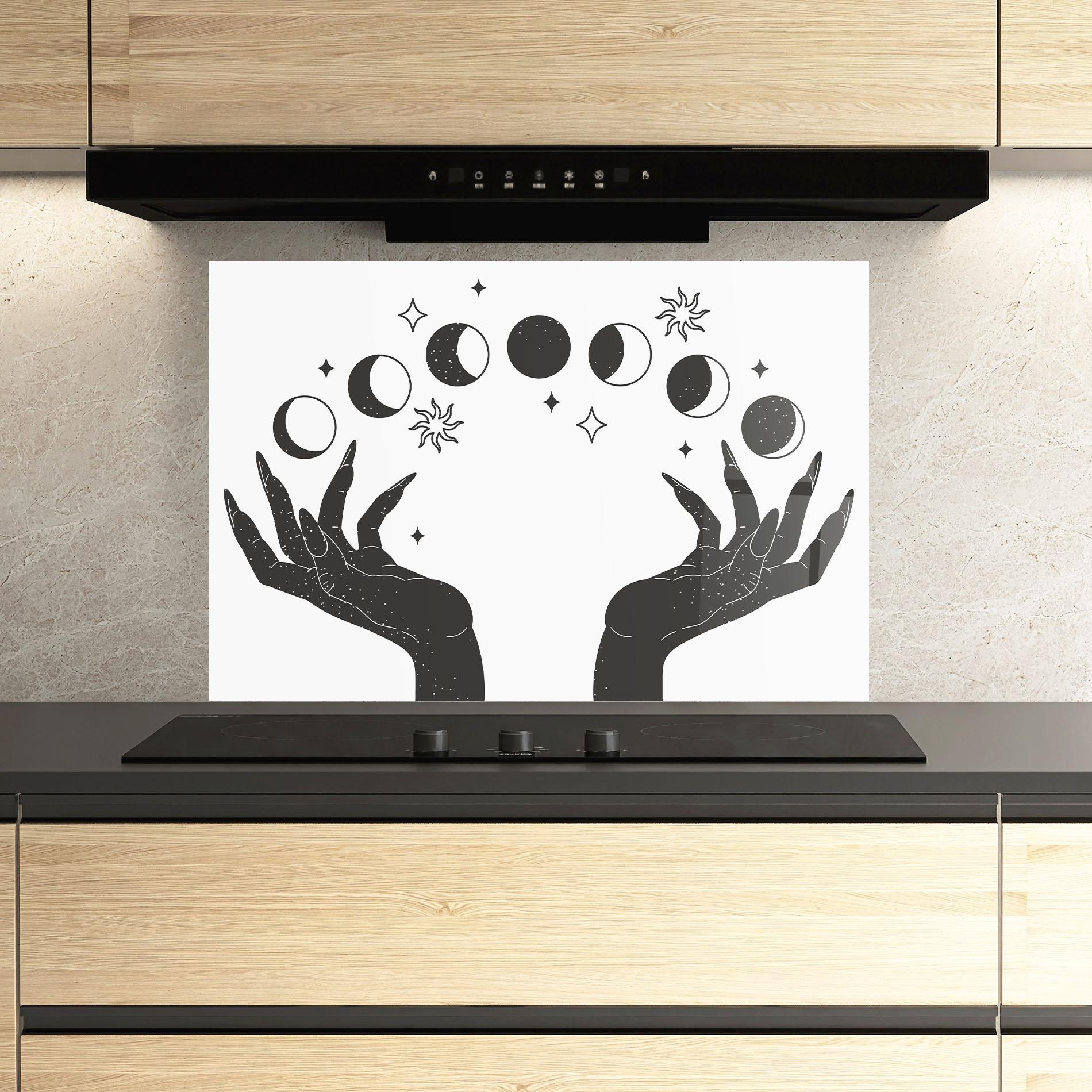 Küchenrückwand Glas Magic Moon Hands mockup 3