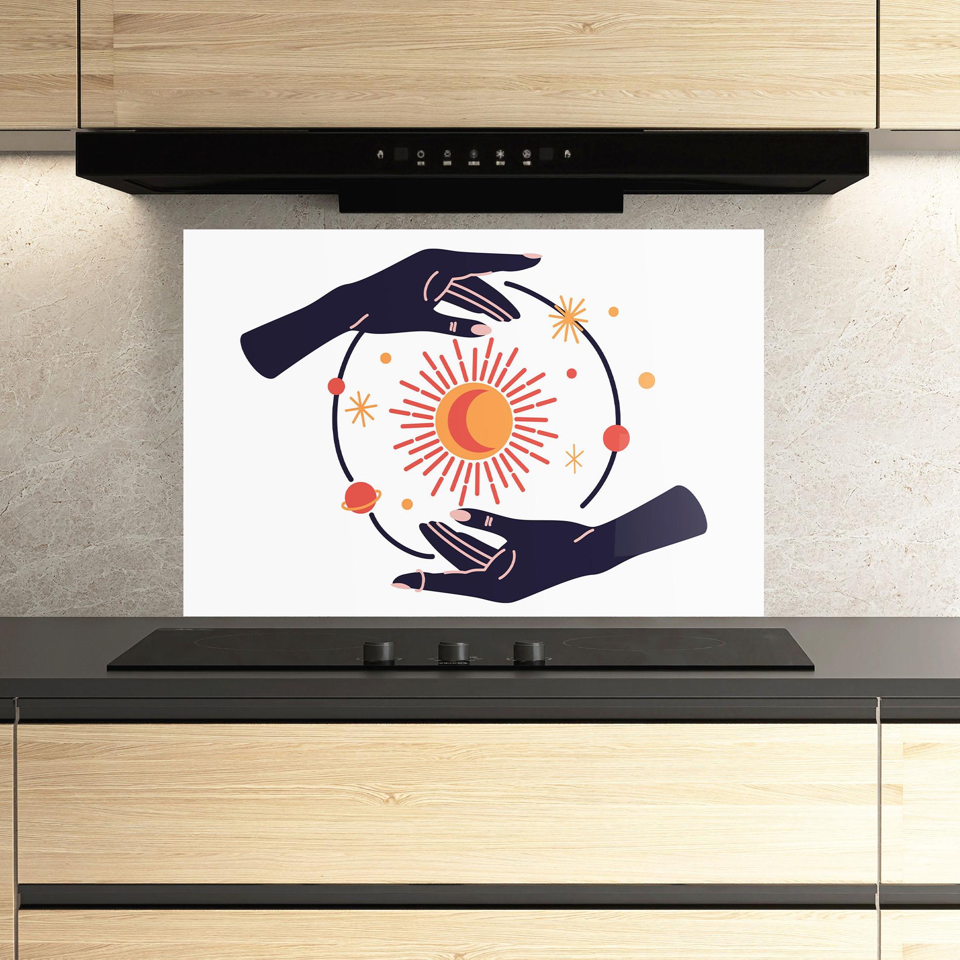 Küchenrückwand Glas Purple Magic Hands mockup 3