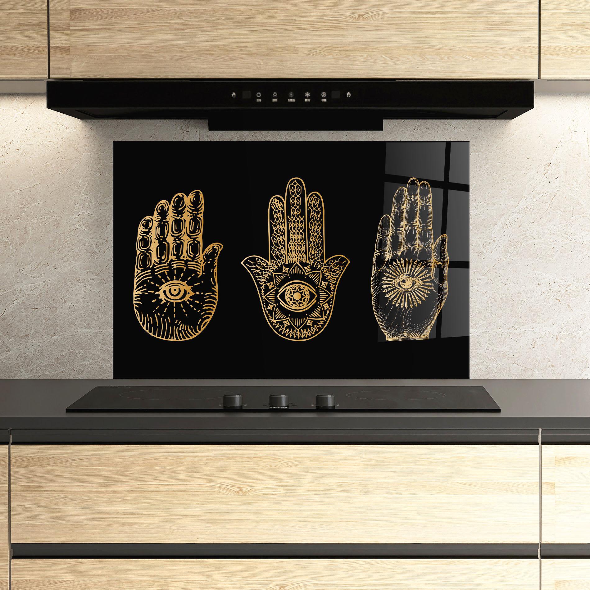 Küchenrückwand Glas Witch Gold Hands mockup 3