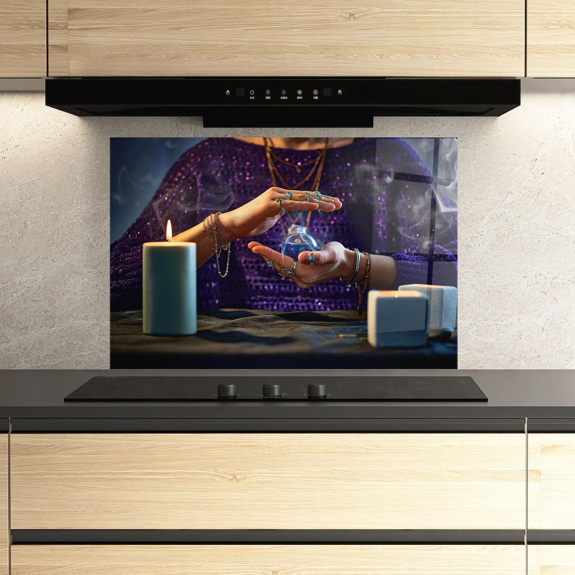 Küchenrückwand Glas Witch Magic Smoke mockup 3