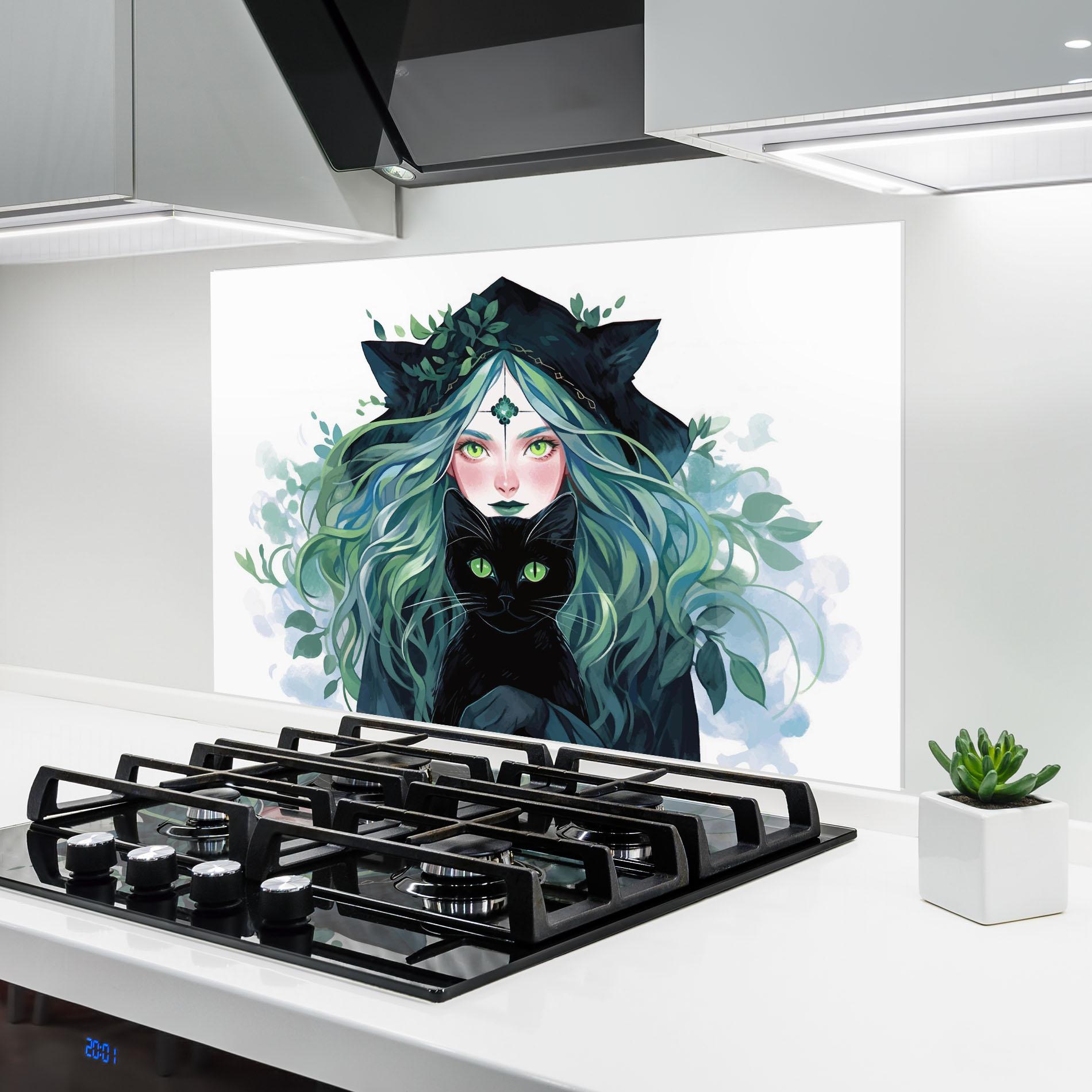 Küchenrückwand Glas Magic Cat Witch mockup 6