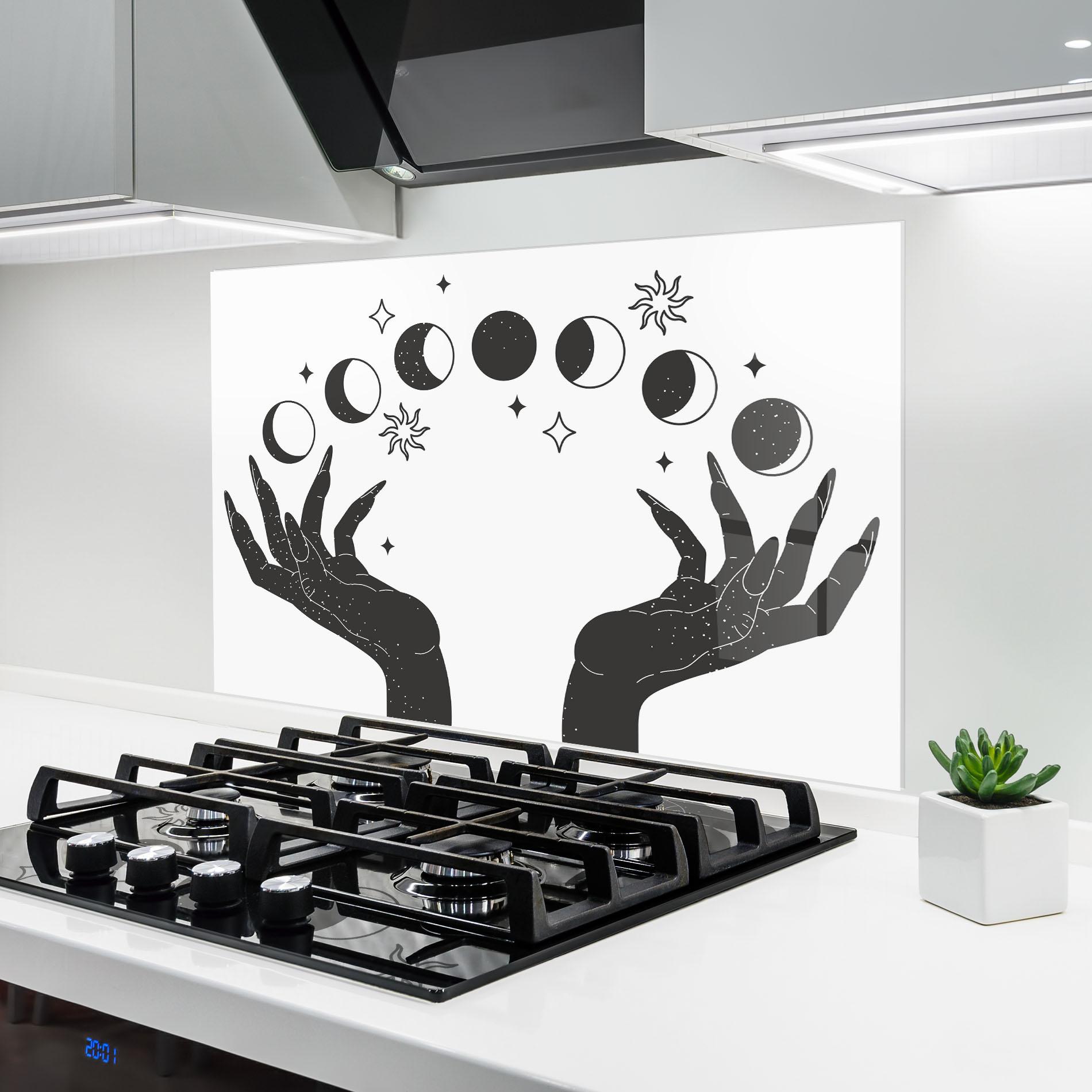 Küchenrückwand Glas Magic Moon Hands mockup 6