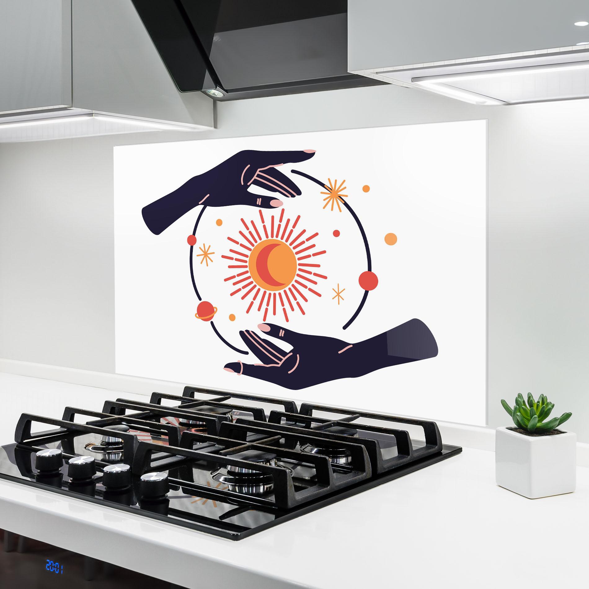 Küchenrückwand Glas Purple Magic Hands mockup 6