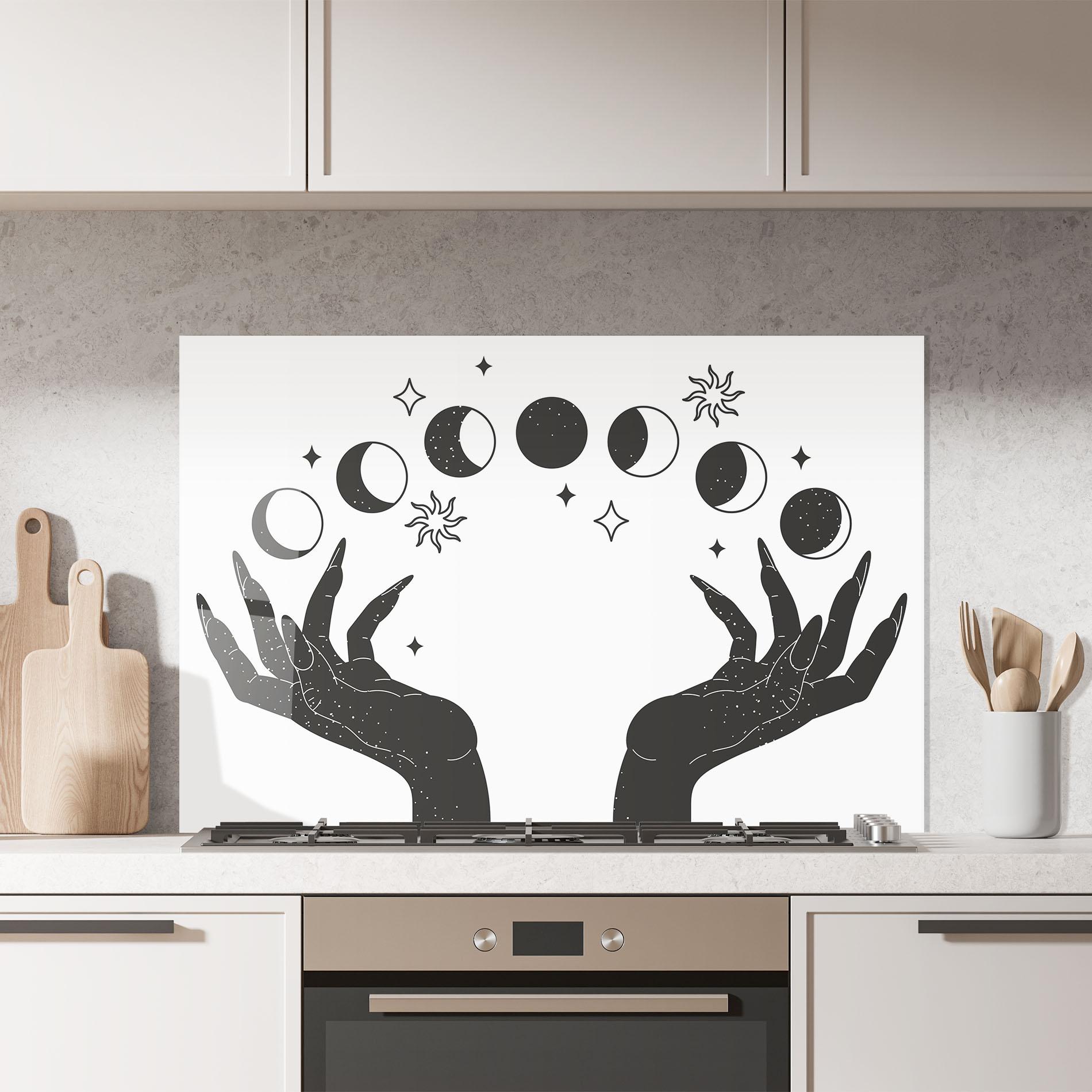 Küchenrückwand Glas Magic Moon Hands mockup 7