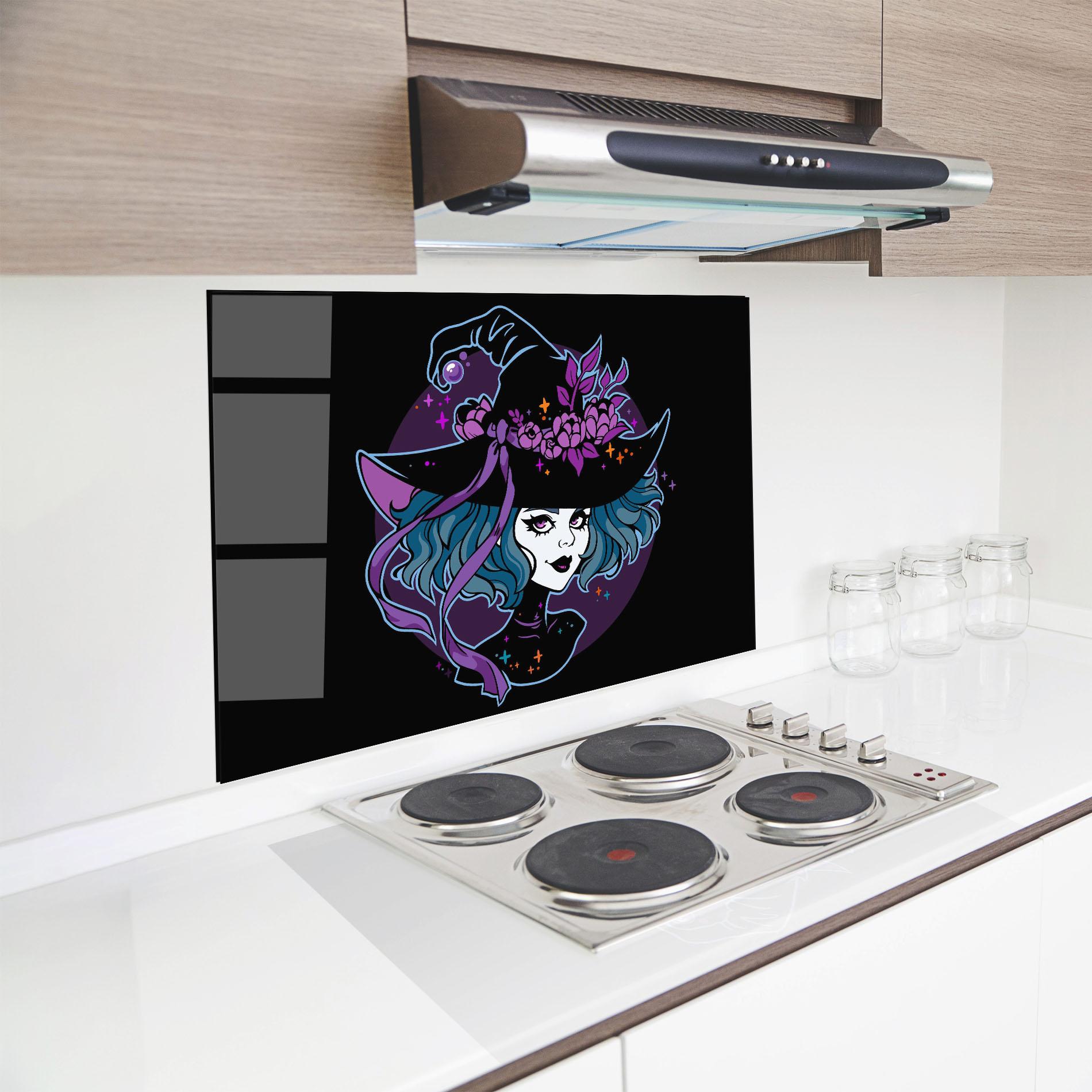 Küchenrückwand Glas Cute Purple Witch mockup 8