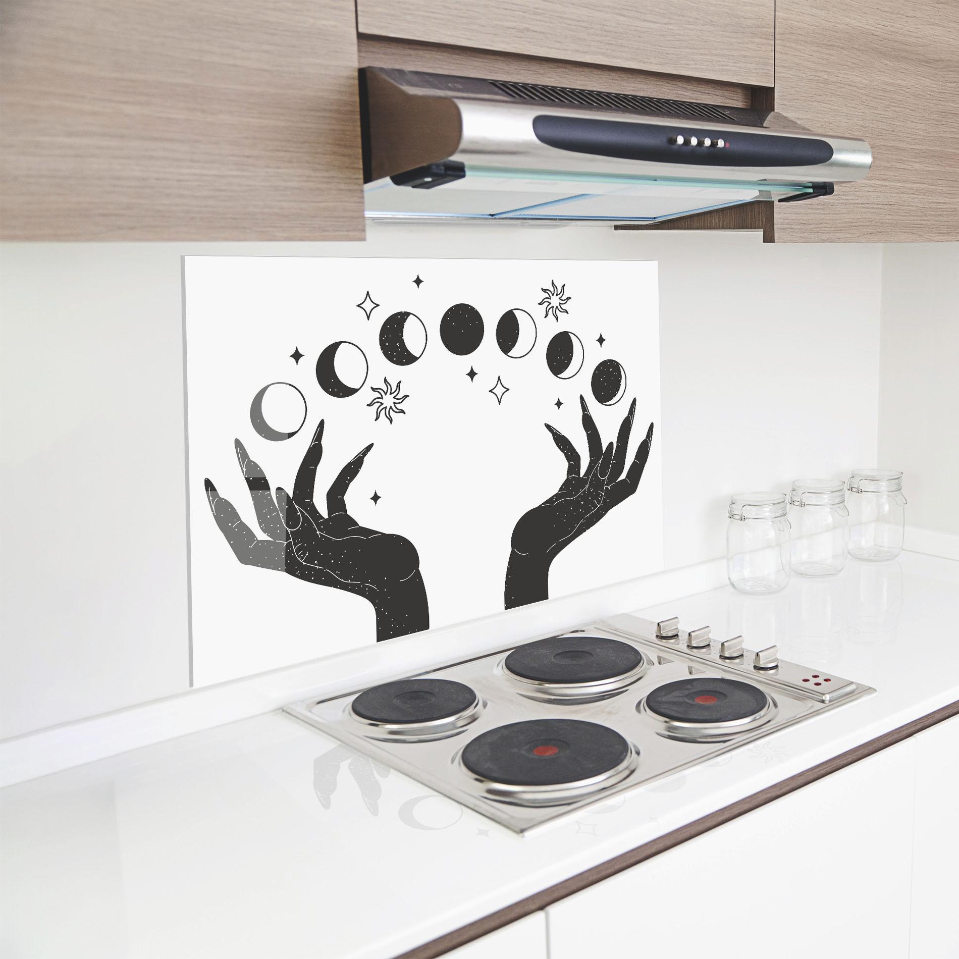 Küchenrückwand Glas Magic Moon Hands mockup 8