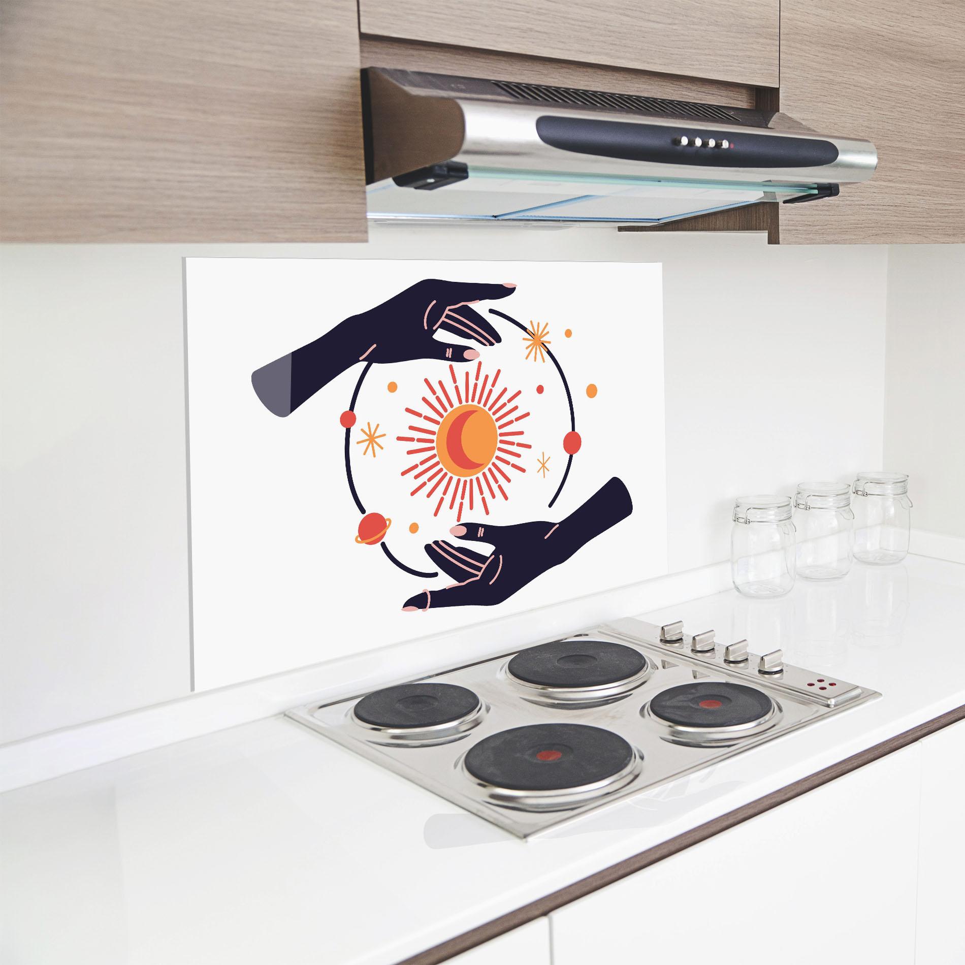 Küchenrückwand Glas Purple Magic Hands mockup 8