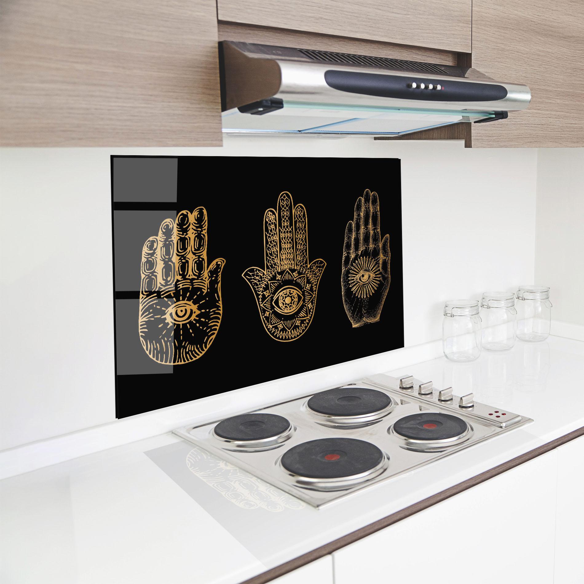 Küchenrückwand Glas Witch Gold Hands mockup 8