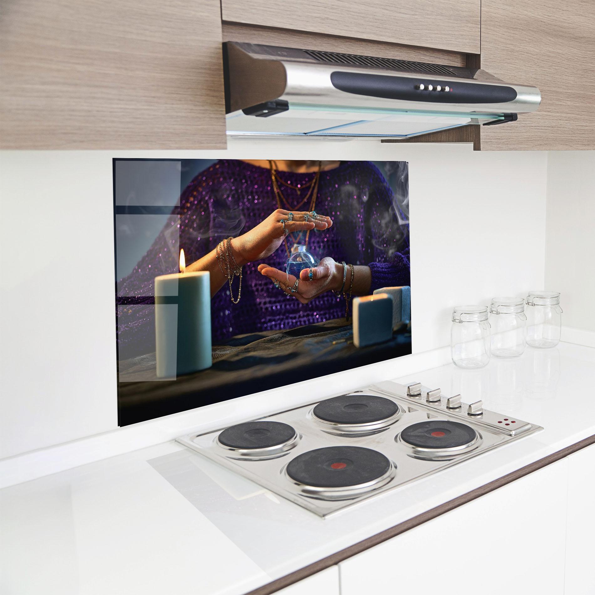 Küchenrückwand Glas Witch Magic Smoke mockup 8