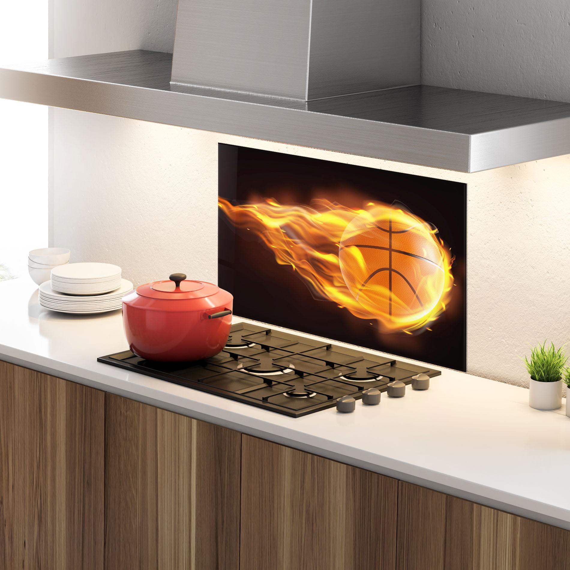 Küchenrückwand Glas Basketball On Fire mockup 4