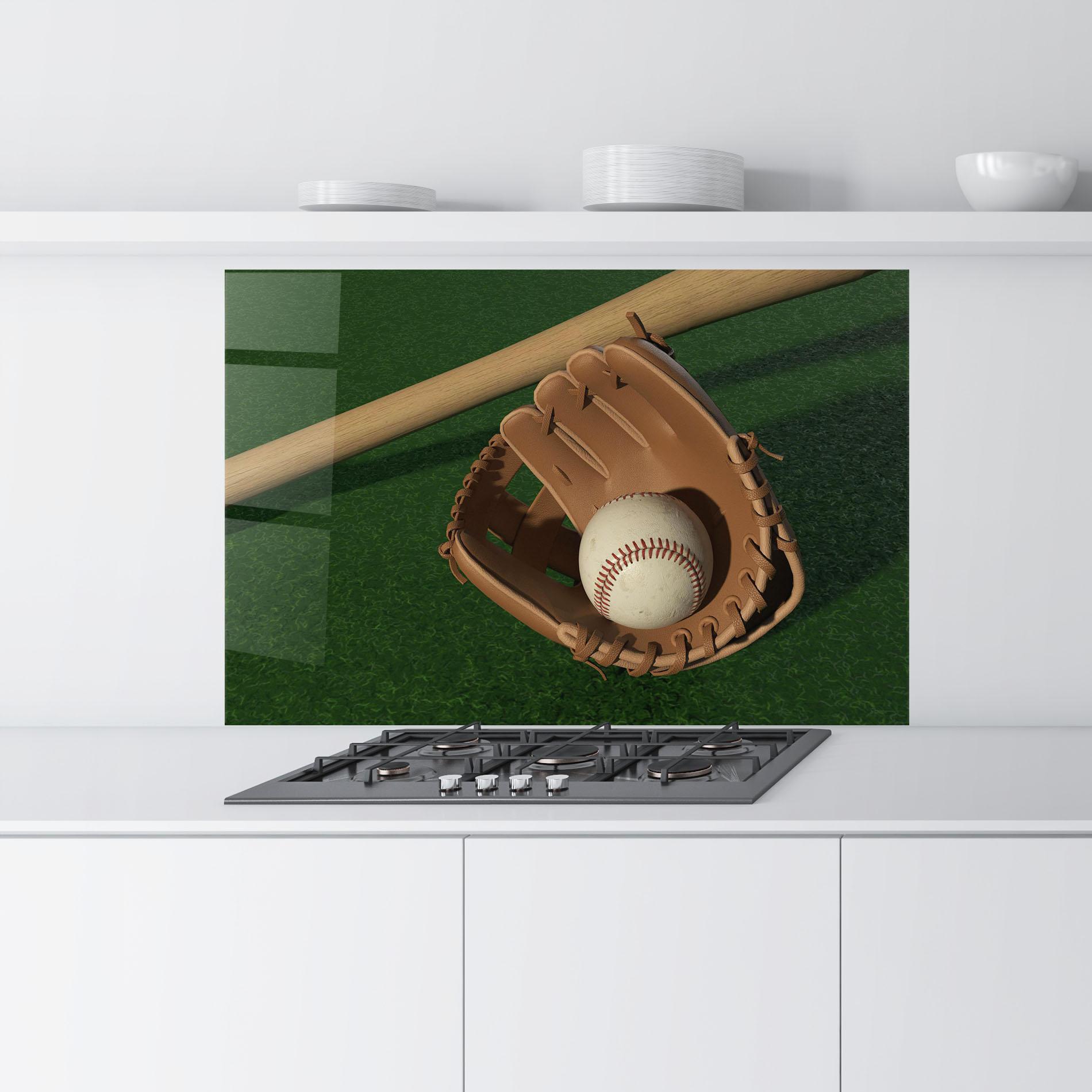 Küchenrückwand Glas Baseball Glove On Green mockup 9