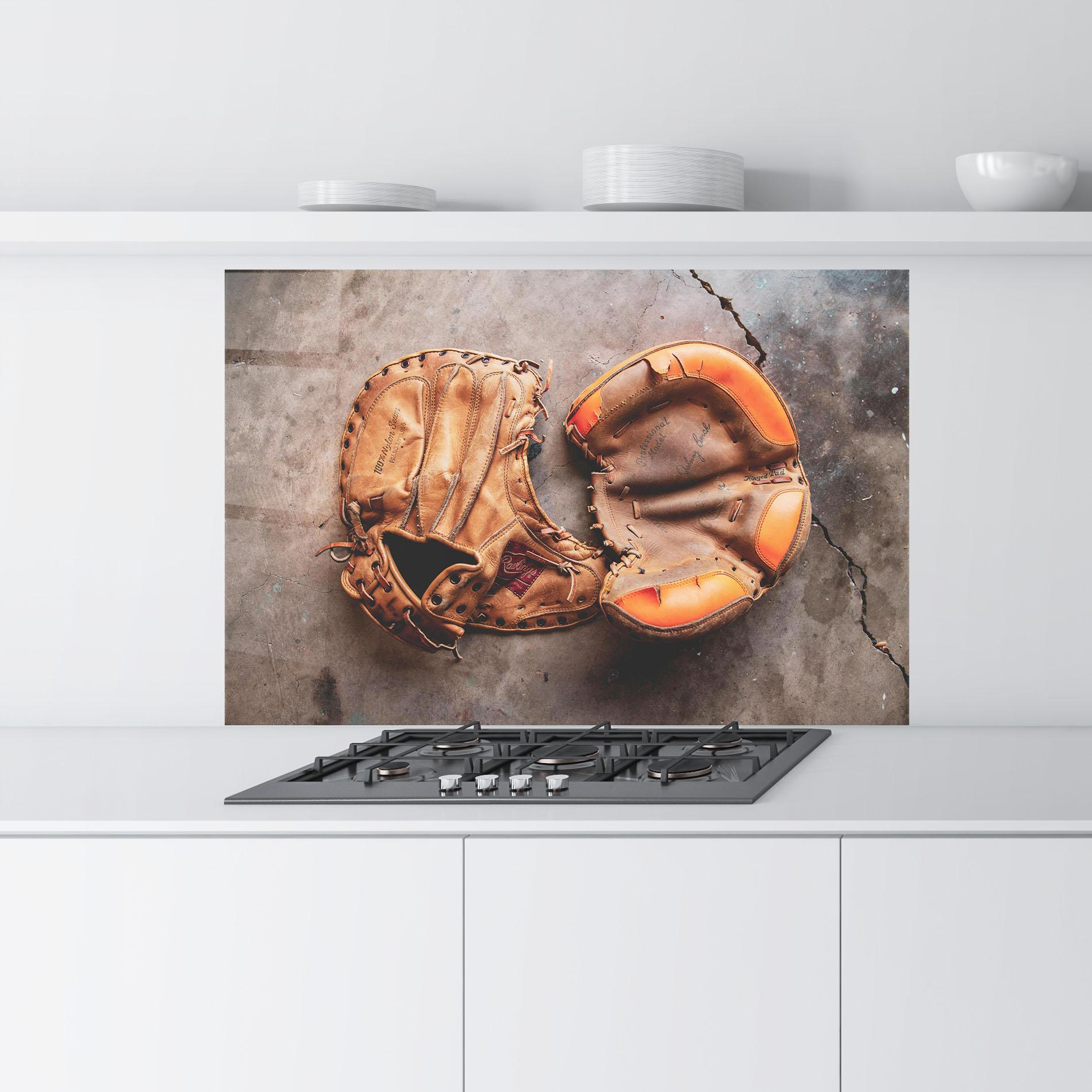 Küchenrückwand Glas Brown Orange Baseball Gloves mockup 9
